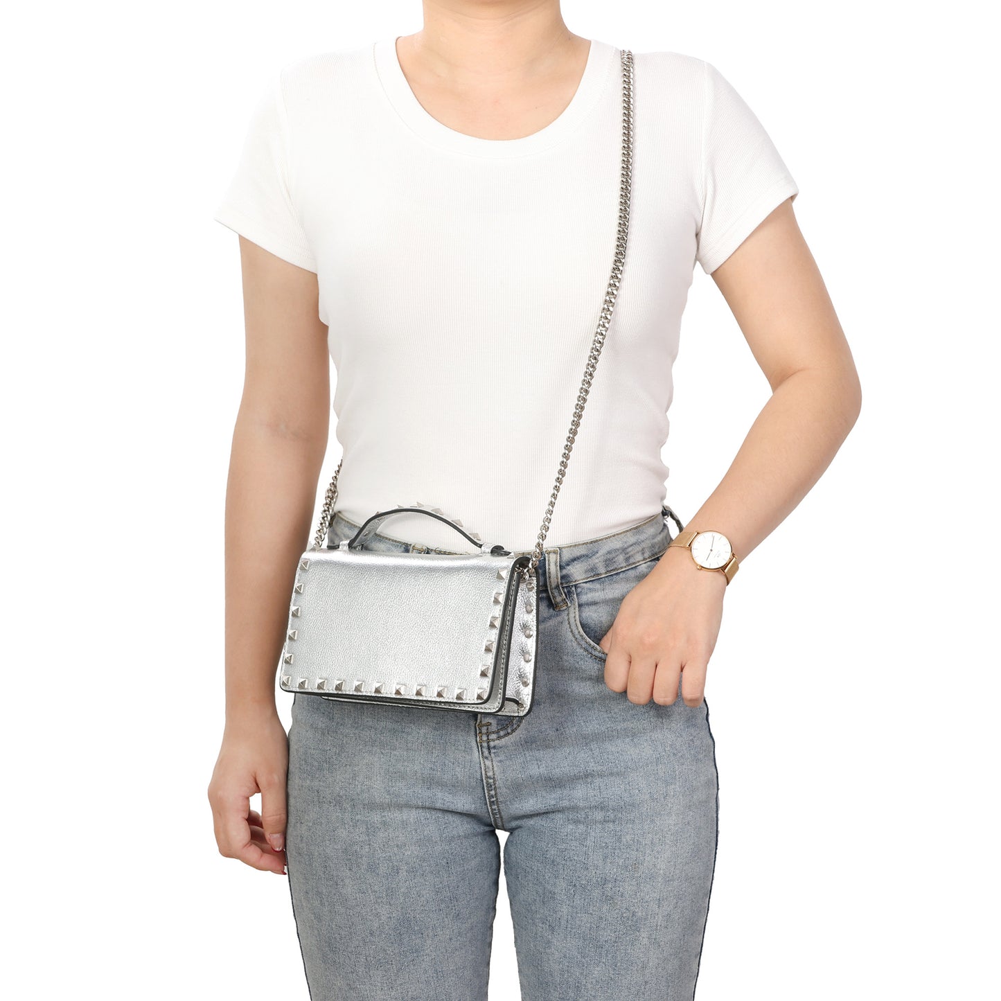 Pebbled Leather Mini Crossbody Bag with Stud Trim
