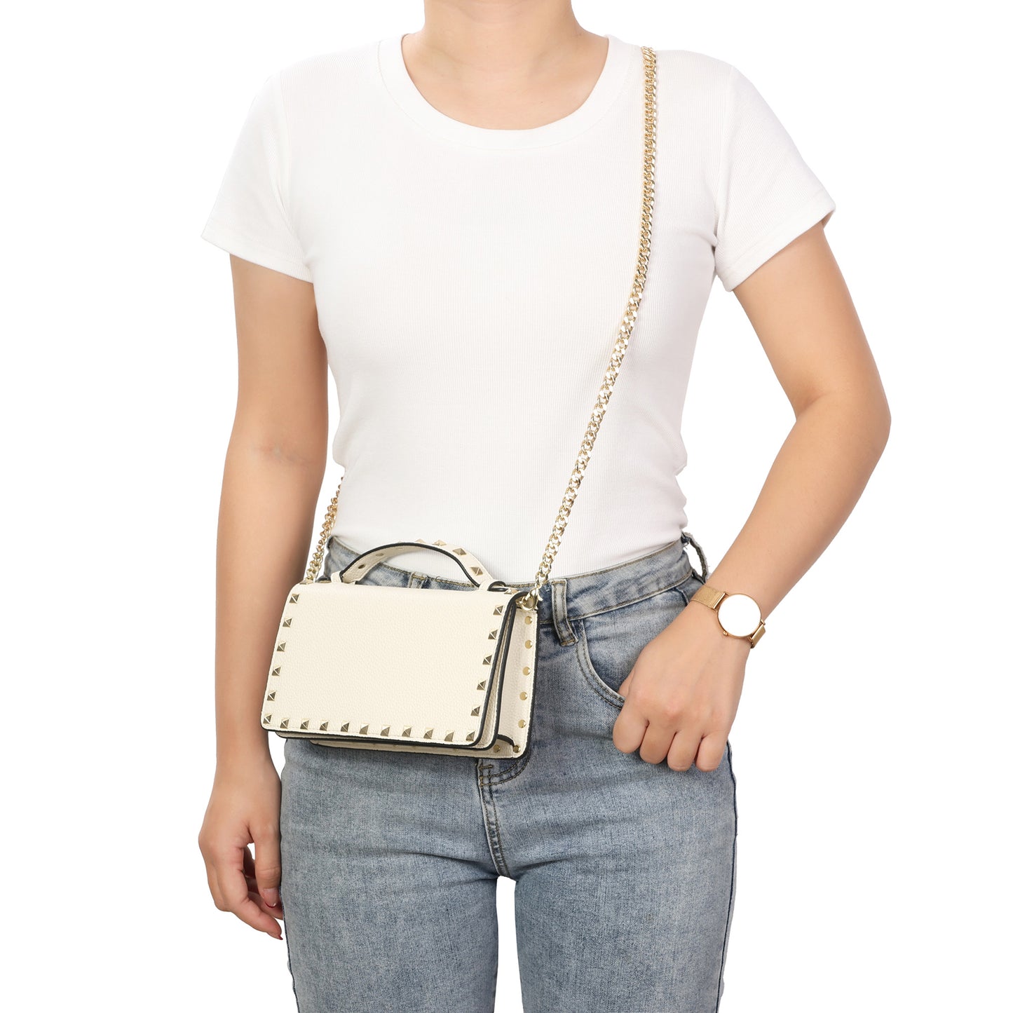 Pebbled Leather Mini Crossbody Bag with Stud Trim