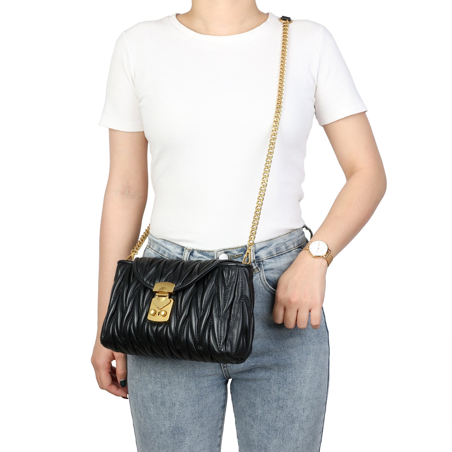 Quilted Leather Crossbody Bag with Gold-Tone Lock