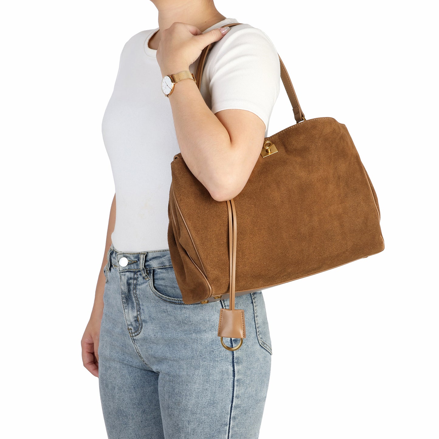 Suede Top-Handle Satchel with Convertible Strap