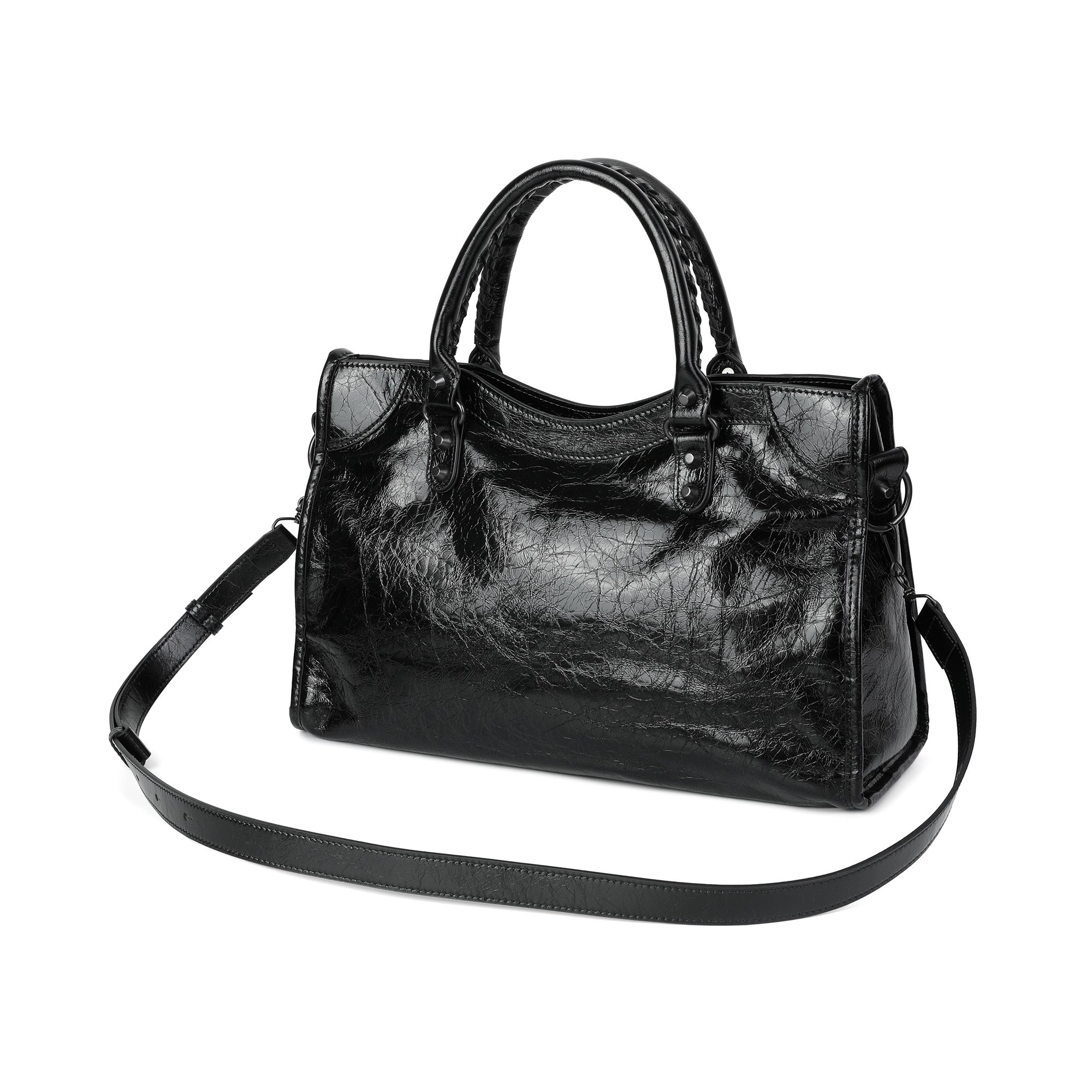 Distressed Leather Satchel with Crossbody Strap and ID Tag