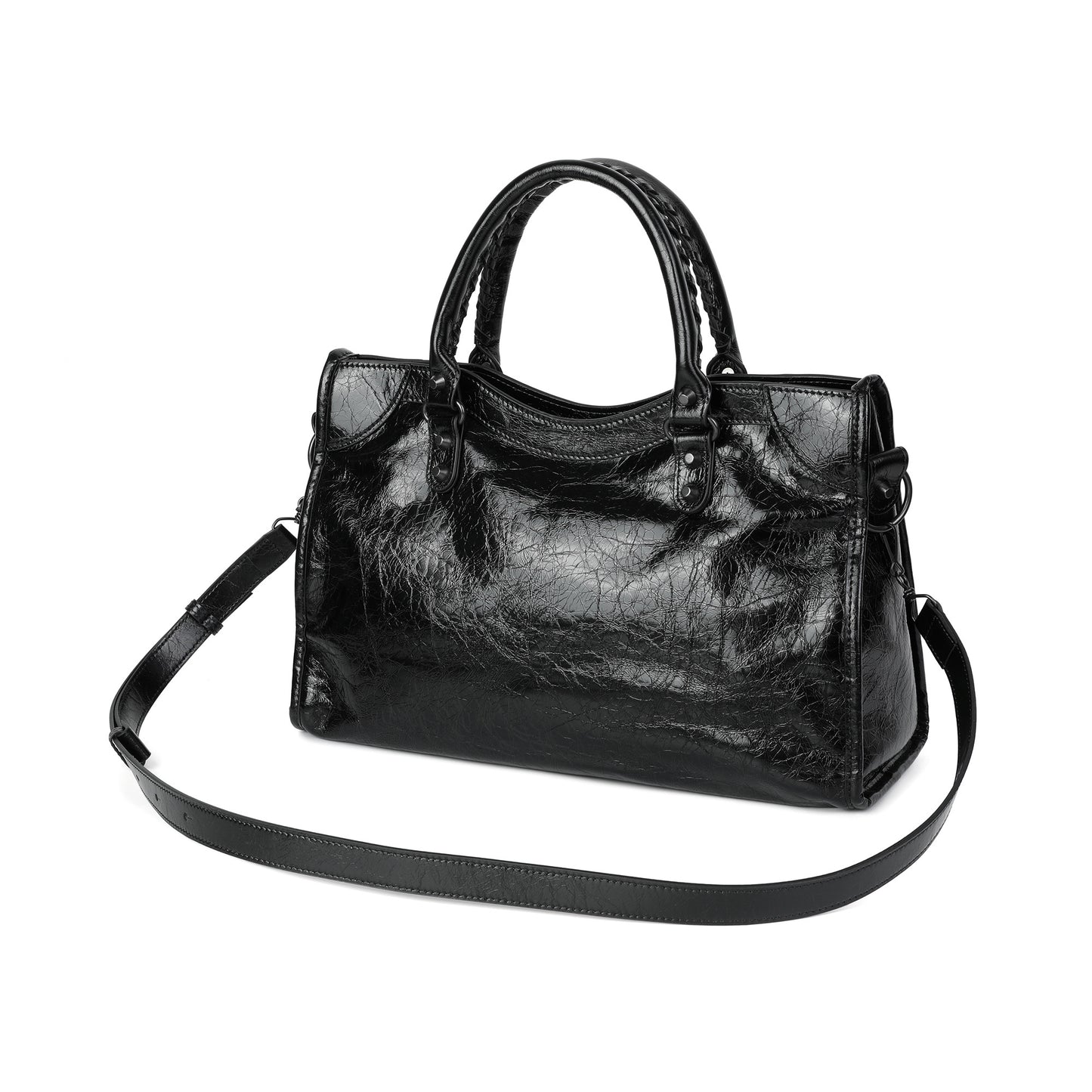 Distressed Leather Satchel with Crossbody Strap and ID Tag