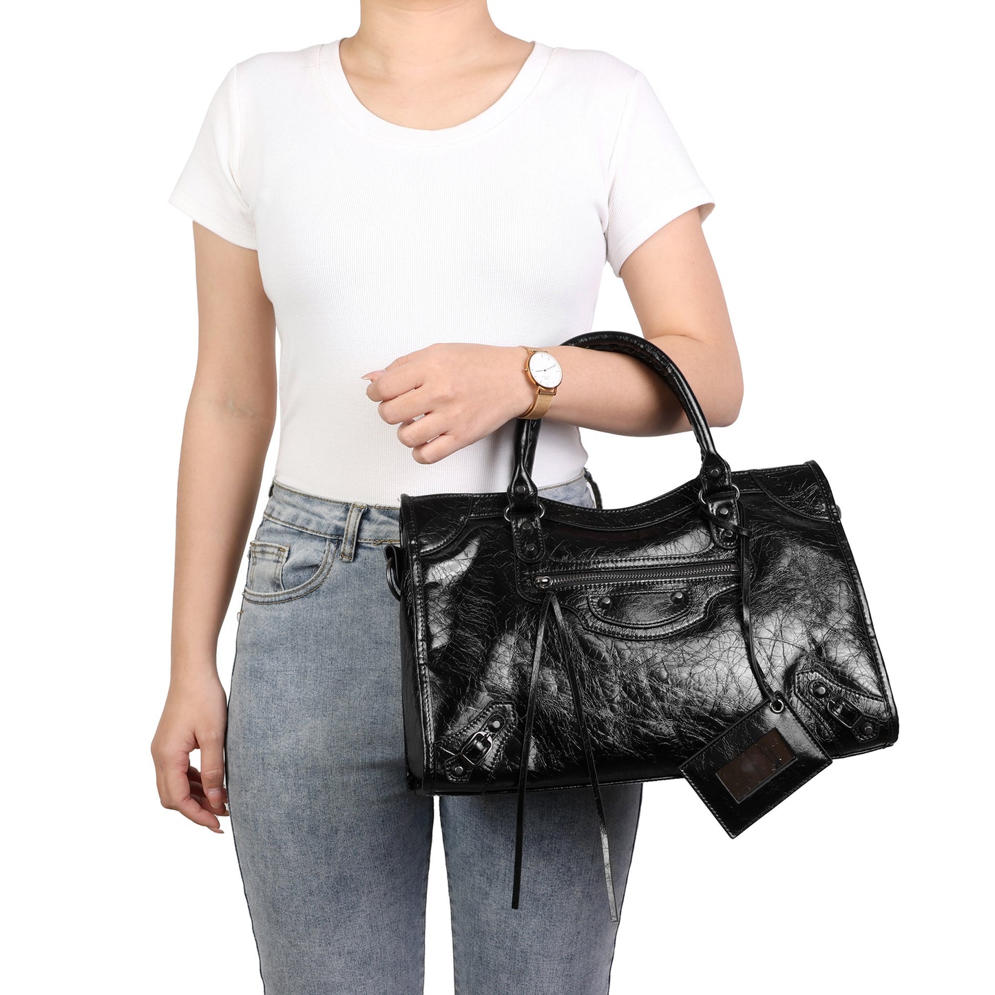 Distressed Leather Satchel with Crossbody Strap and ID Tag