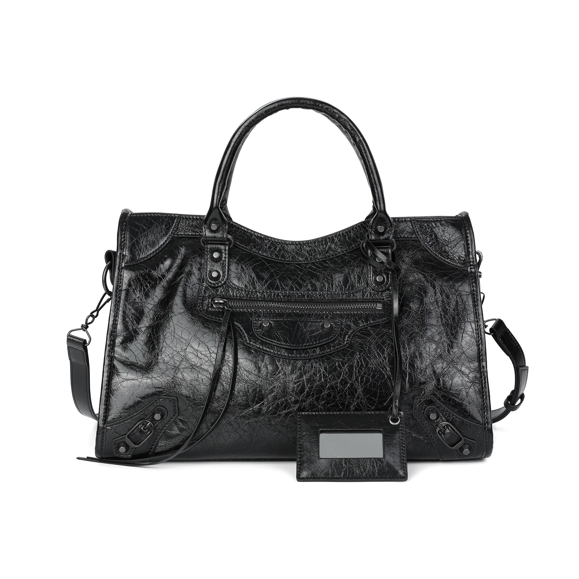 Distressed Leather Satchel with Crossbody Strap and ID Tag