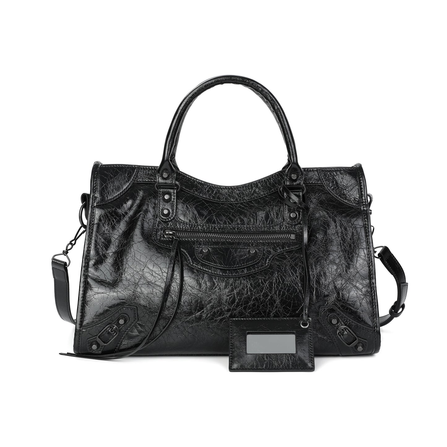 Distressed Leather Satchel with Crossbody Strap and ID Tag