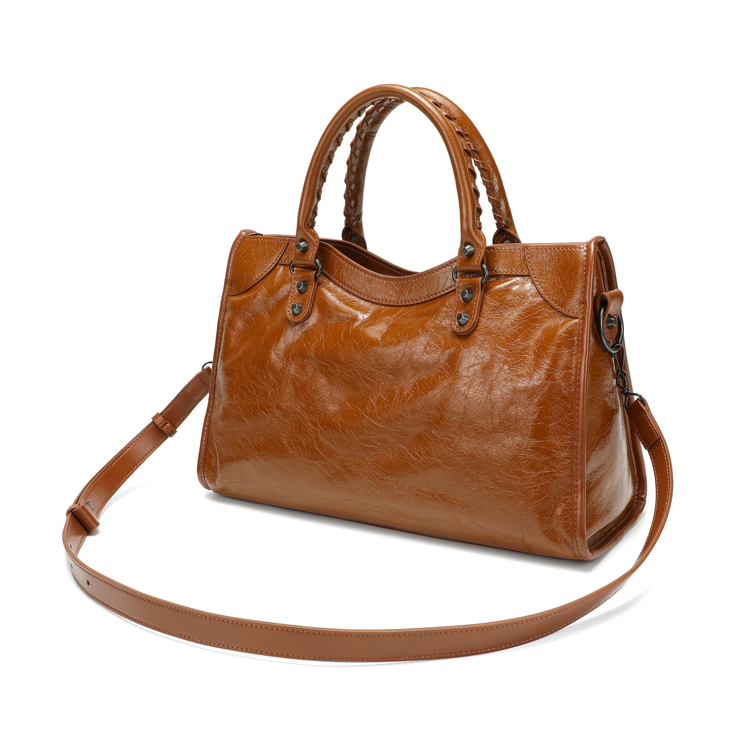 Distressed Leather Satchel with Crossbody Strap and ID Tag