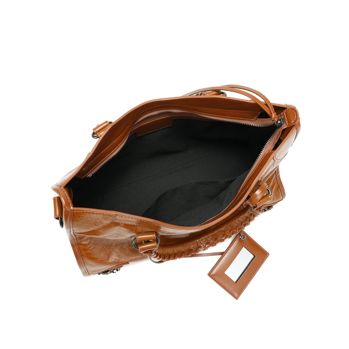 Distressed Leather Satchel with Crossbody Strap and ID Tag