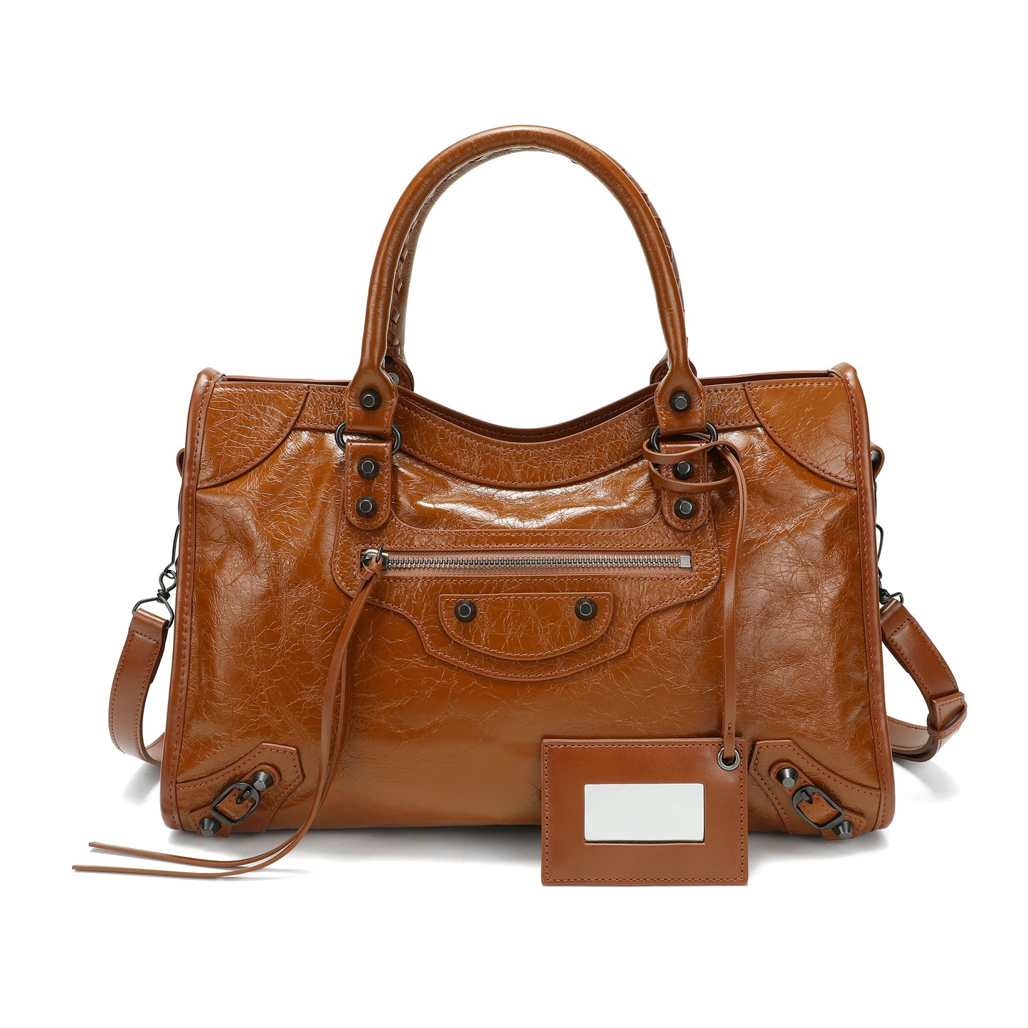 Distressed Leather Satchel with Crossbody Strap and ID Tag
