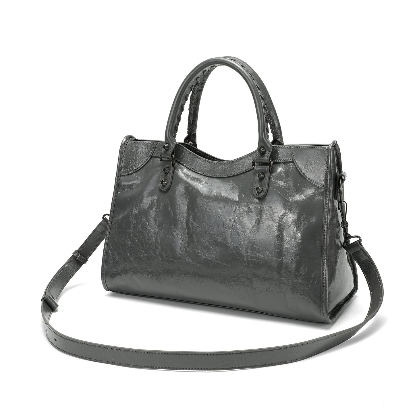 Distressed Leather Satchel with Crossbody Strap and ID Tag