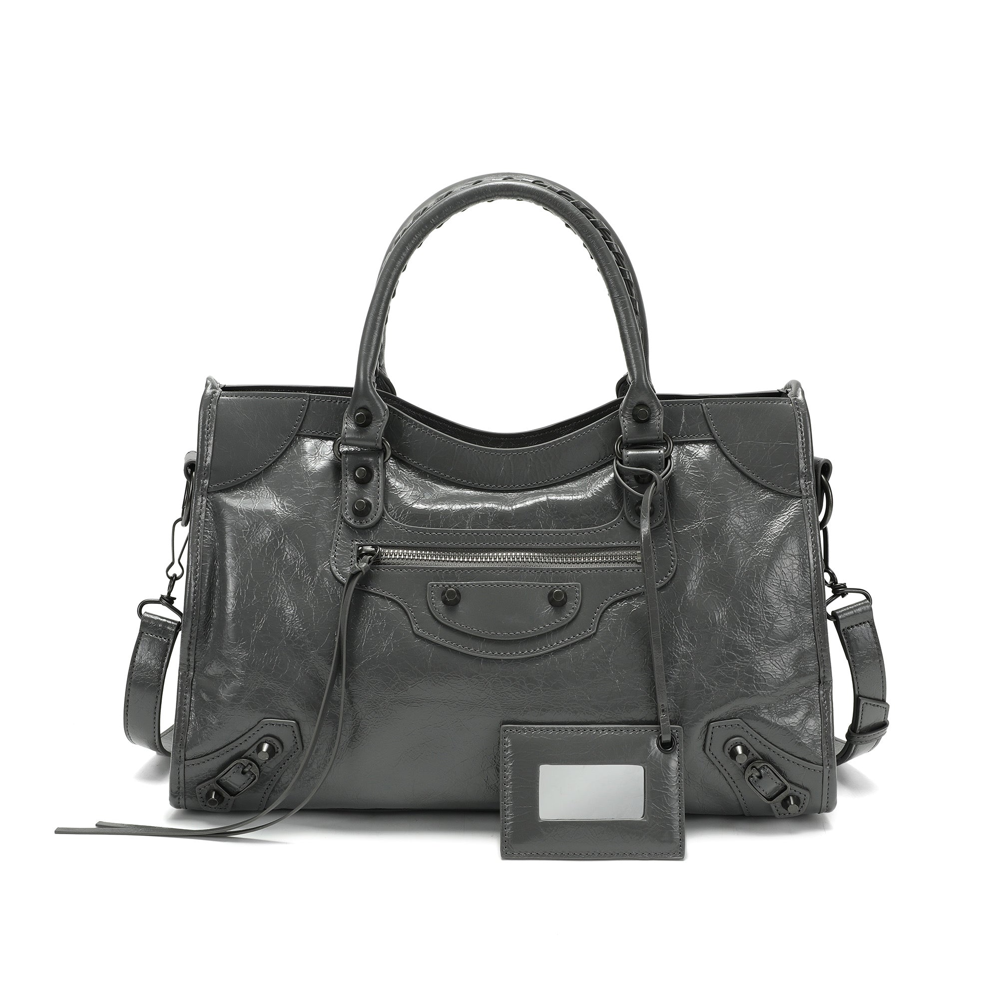 Distressed Leather Satchel with Crossbody Strap and ID Tag