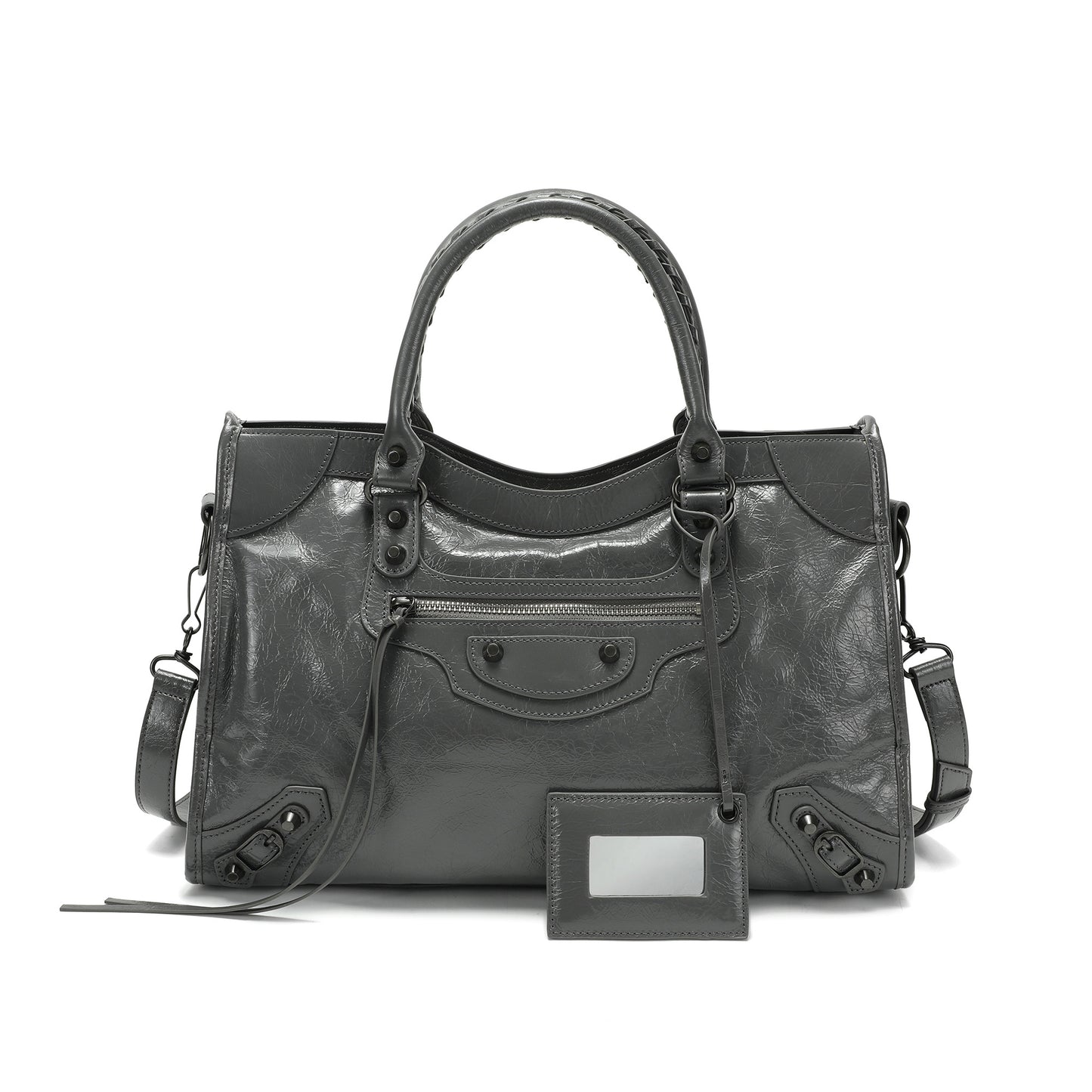 Distressed Leather Satchel with Crossbody Strap and ID Tag