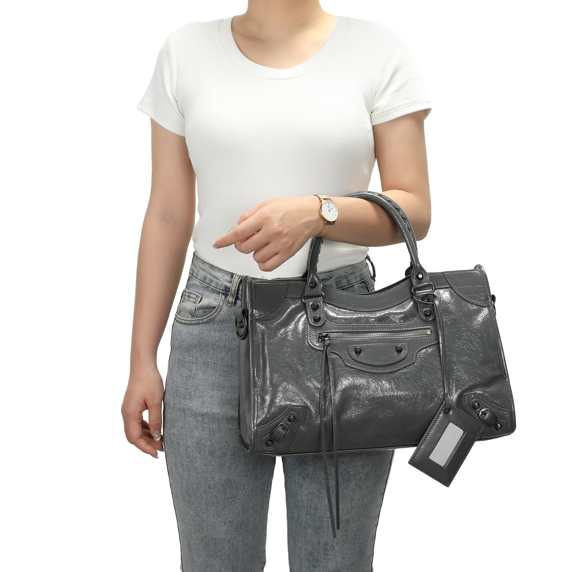 Distressed Leather Satchel with Crossbody Strap and ID Tag