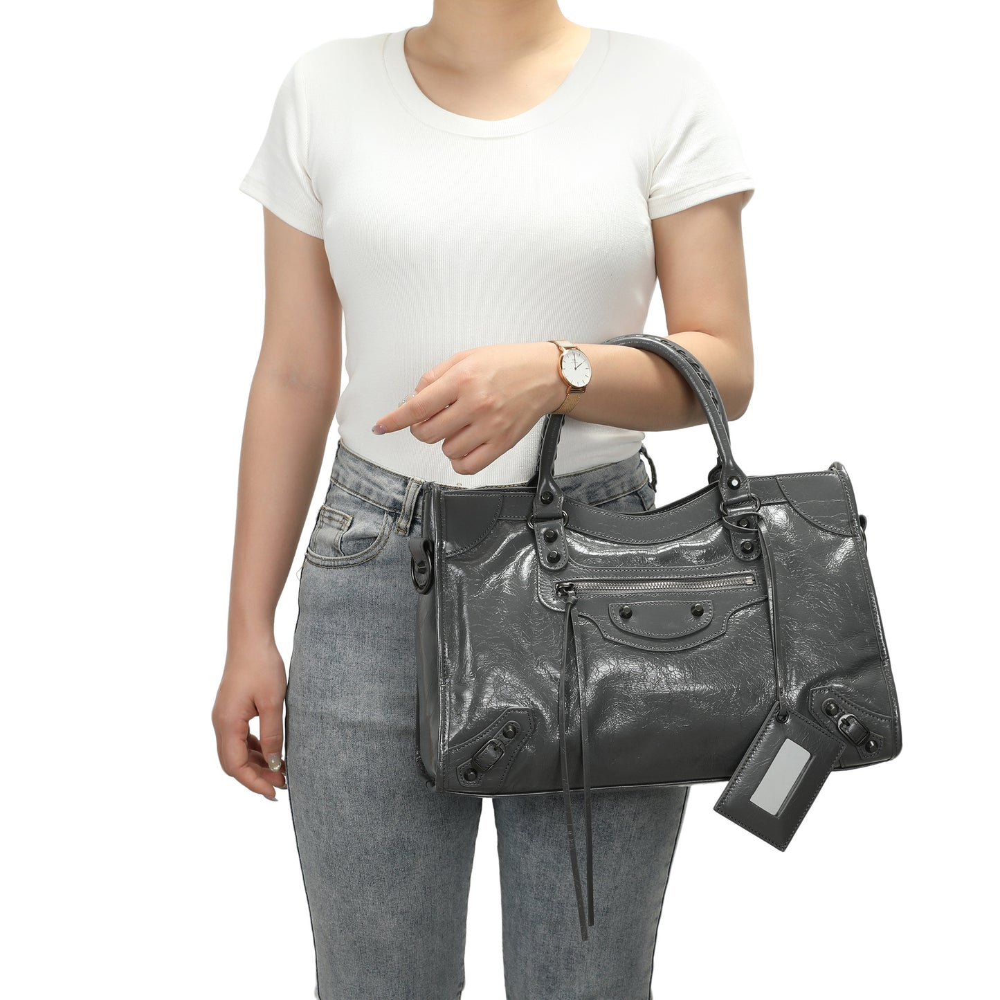Distressed Leather Satchel with Crossbody Strap and ID Tag