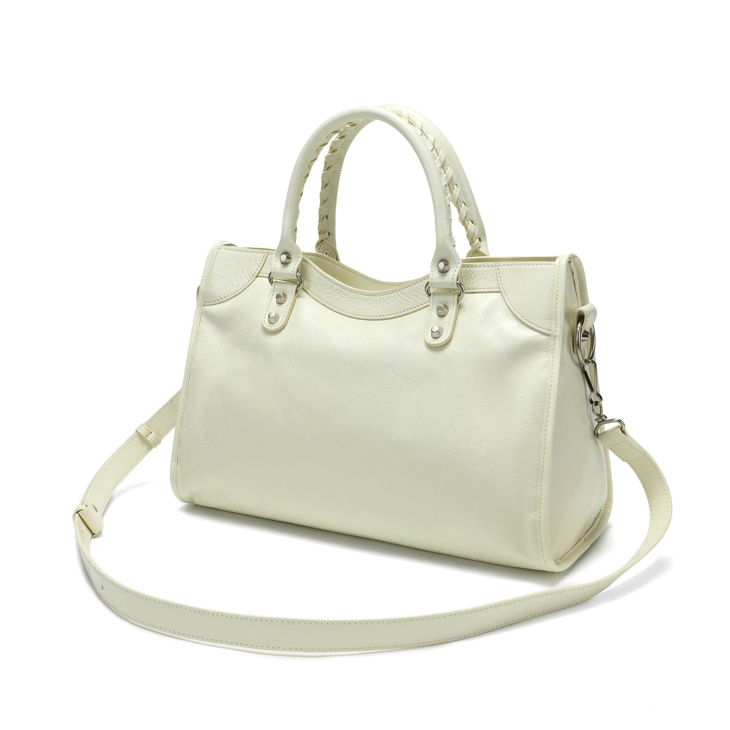 Distressed Leather Satchel with Crossbody Strap and ID Tag