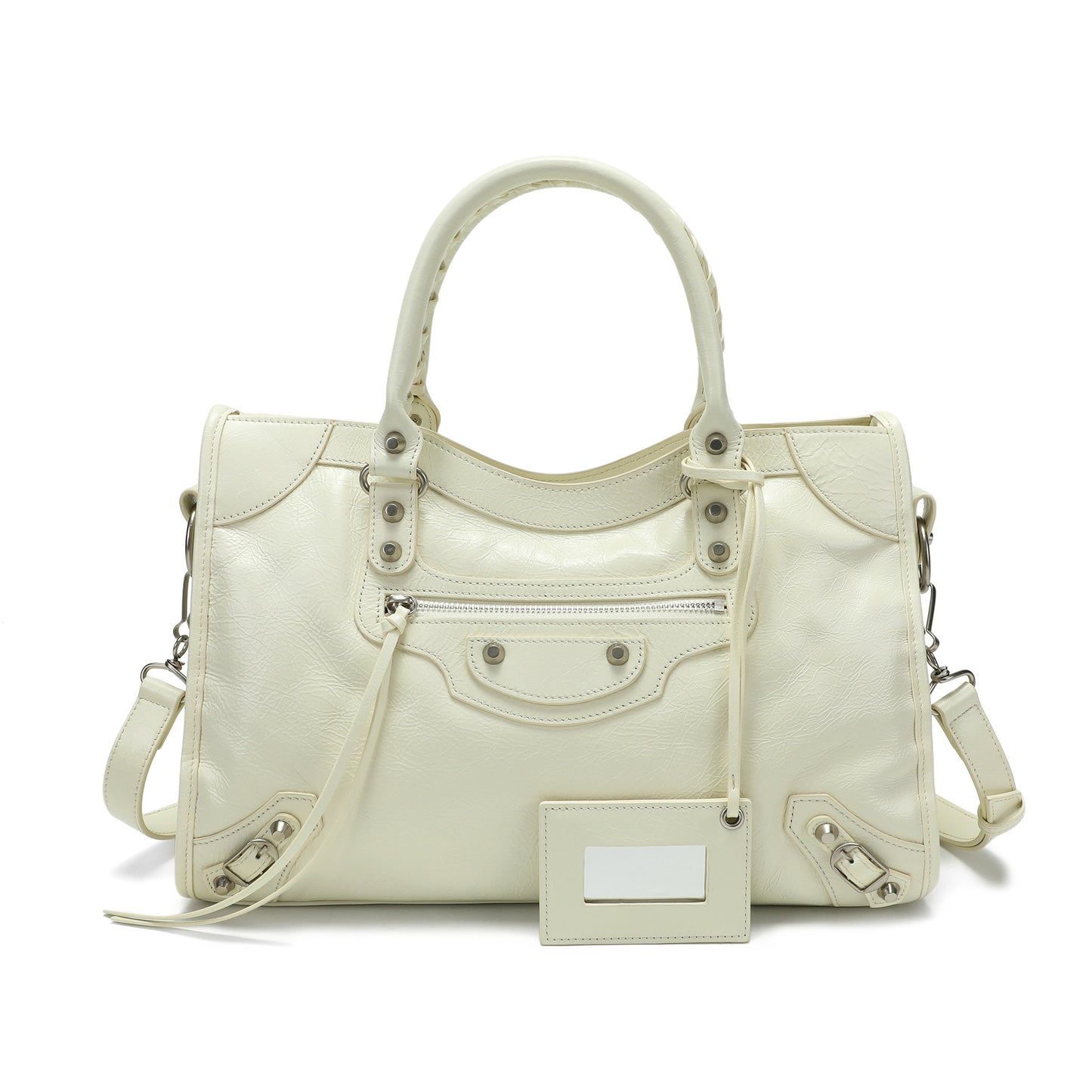 Distressed Leather Satchel with Crossbody Strap and ID Tag
