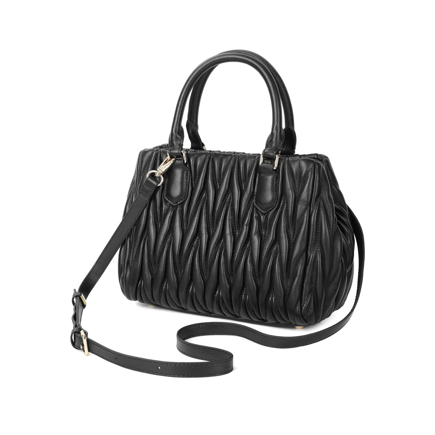 Ruched Leather Satchel with Top Handles & Crossbody Strap