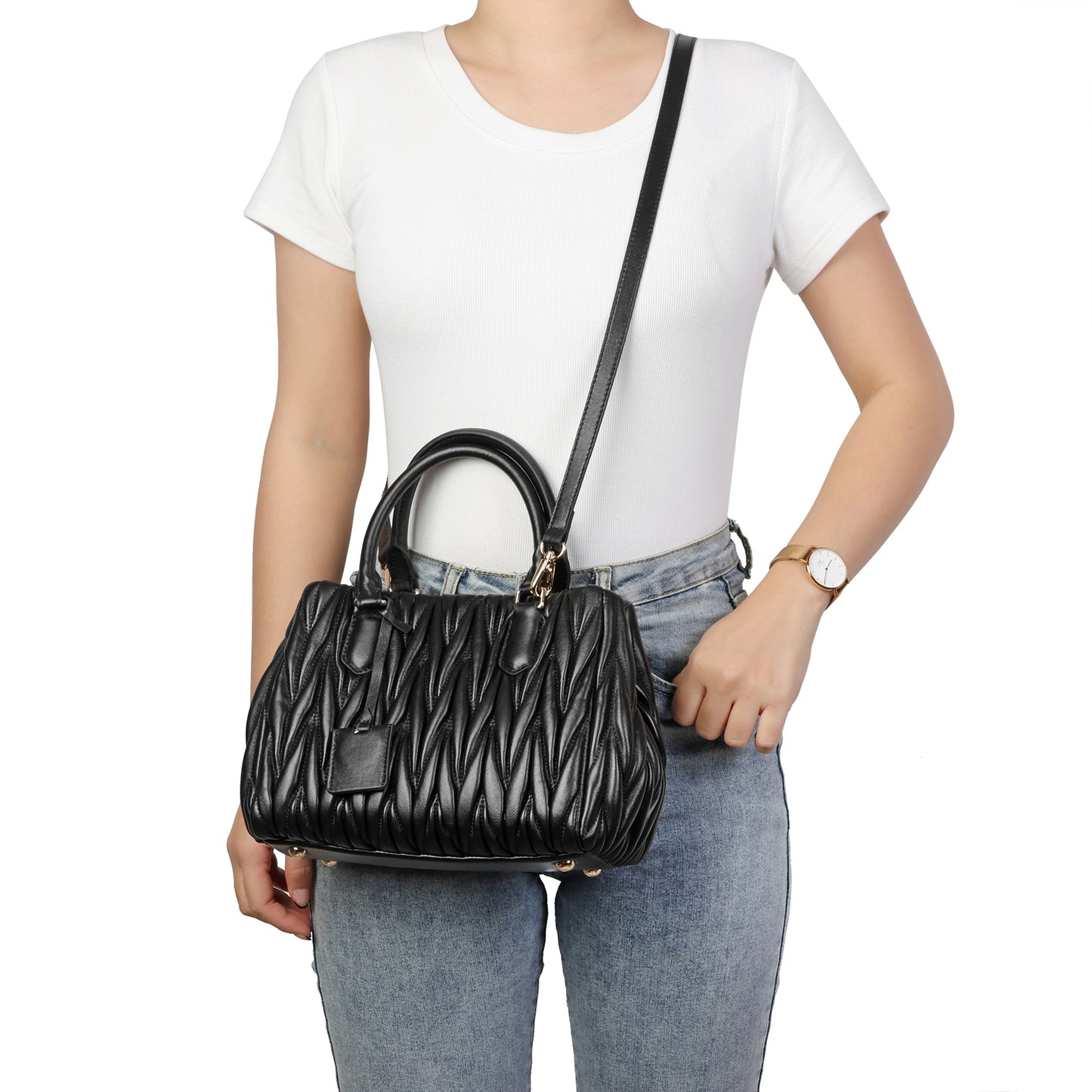 Ruched Leather Satchel with Top Handles & Crossbody Strap