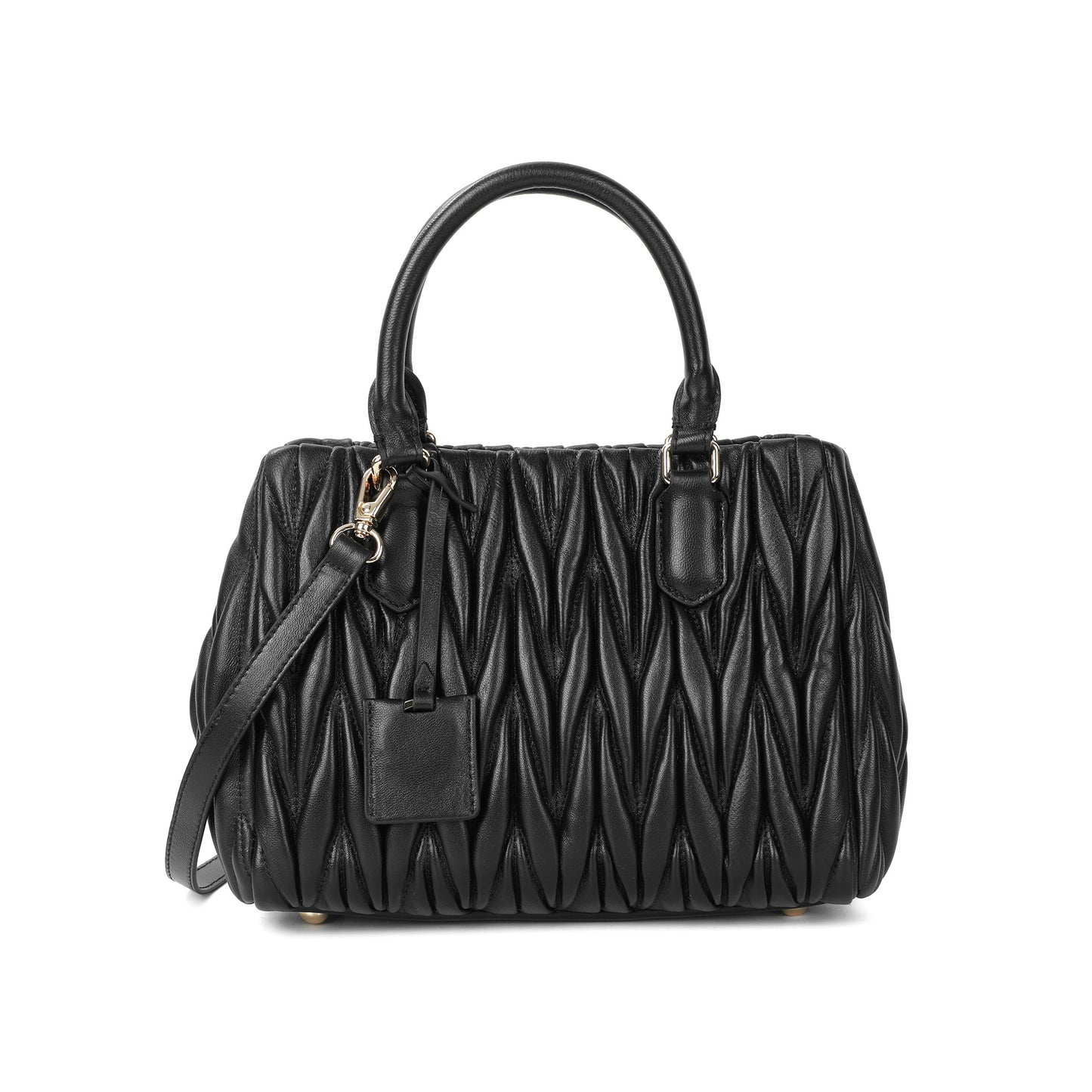 Ruched Leather Satchel with Top Handles & Crossbody Strap