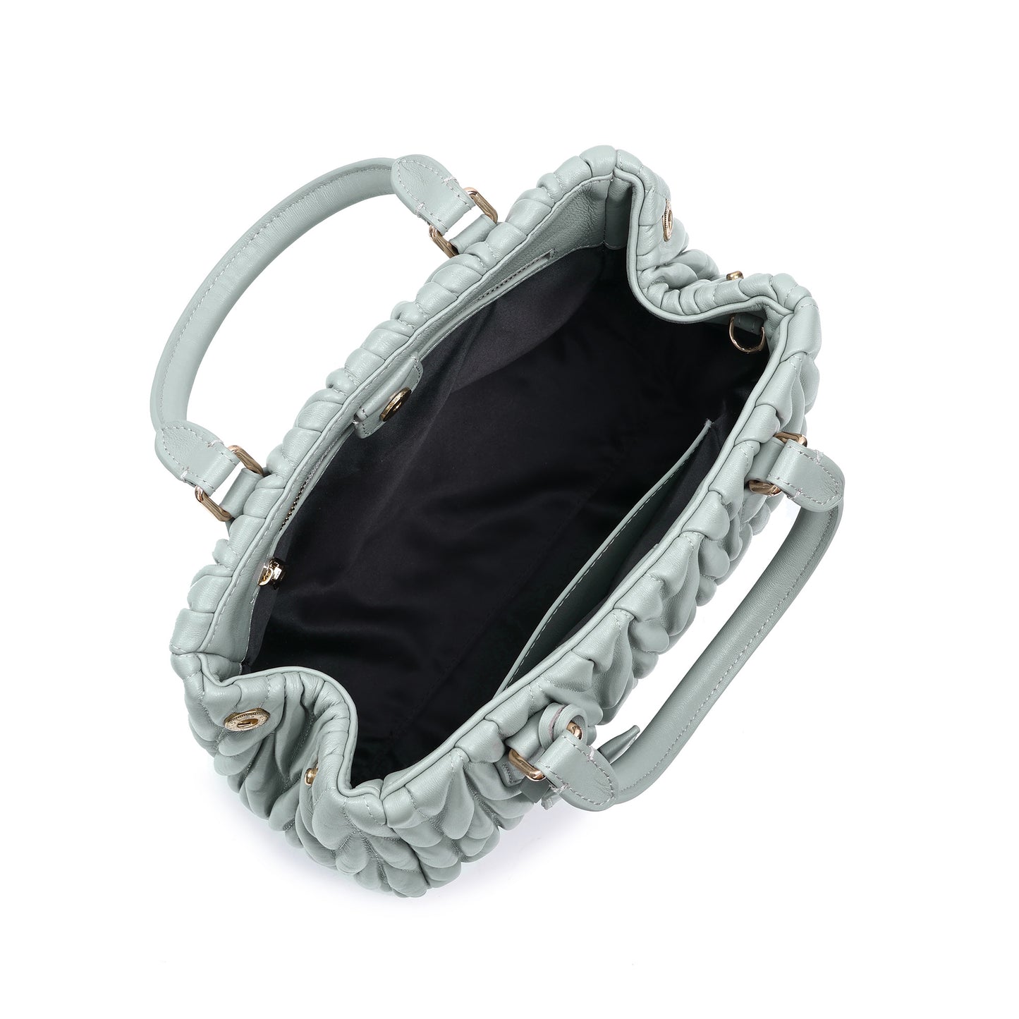 Ruched Leather Satchel with Top Handles & Crossbody Strap