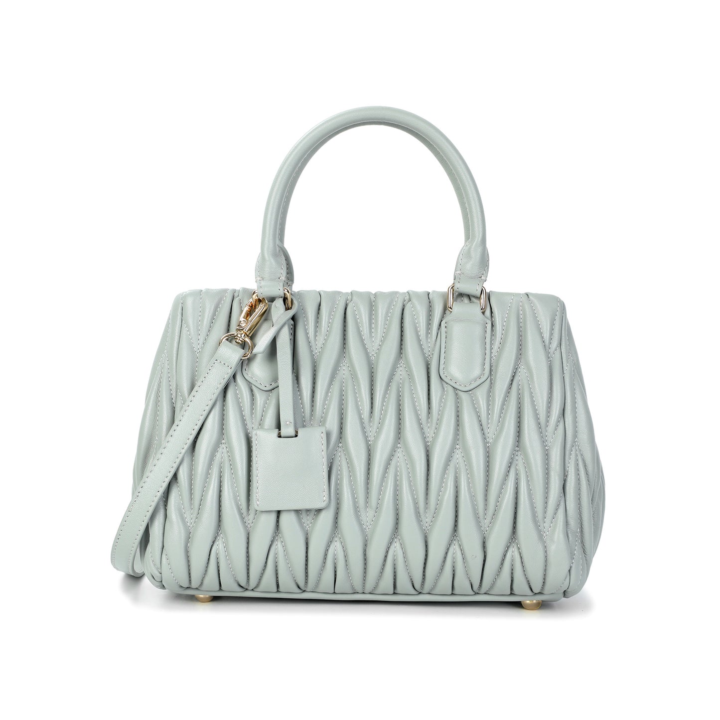 Ruched Leather Satchel with Top Handles & Crossbody Strap