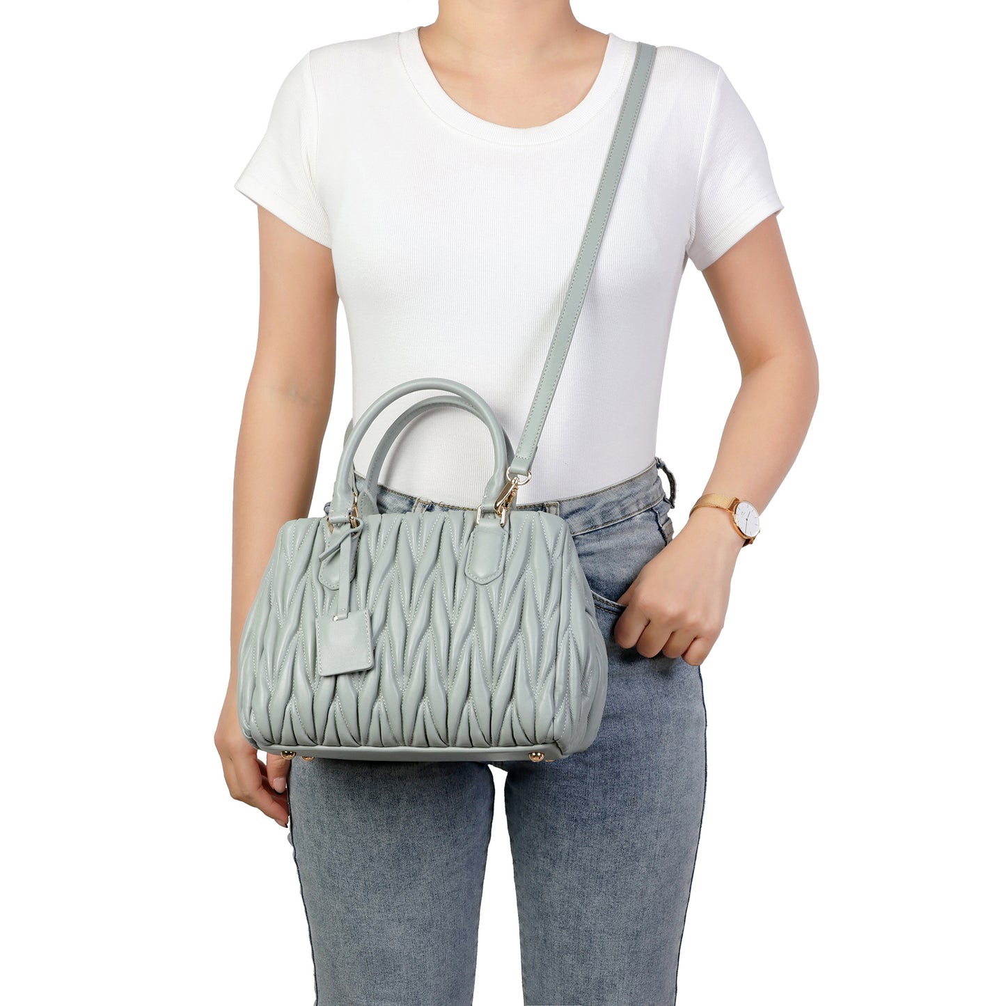 Ruched Leather Satchel with Top Handles & Crossbody Strap