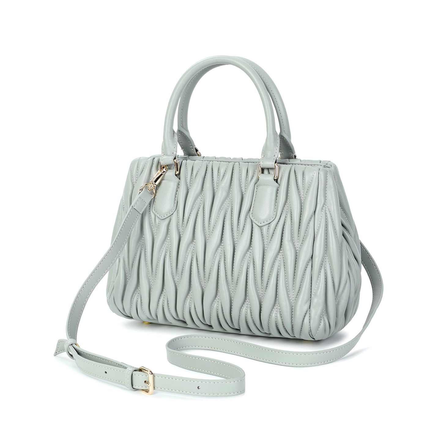 Ruched Leather Satchel with Top Handles & Crossbody Strap