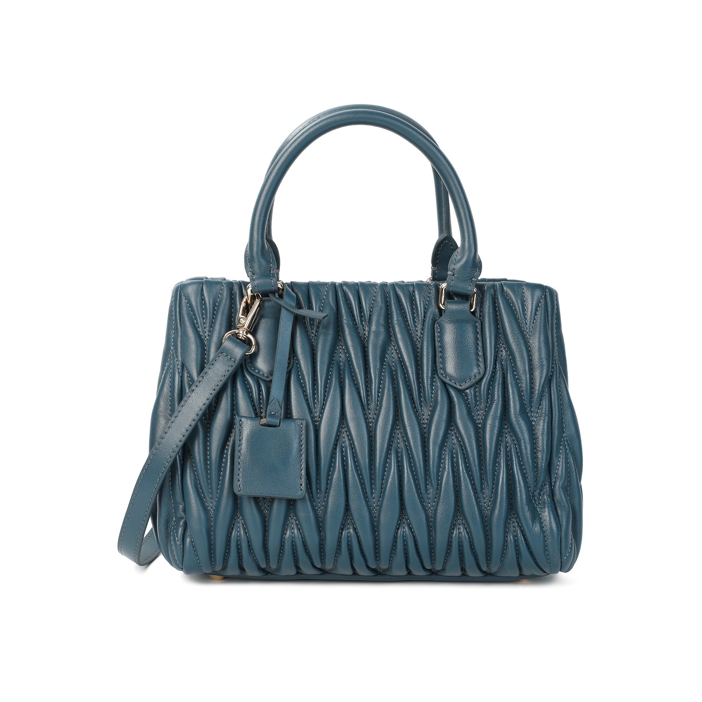 Ruched Leather Satchel with Top Handles & Crossbody Strap