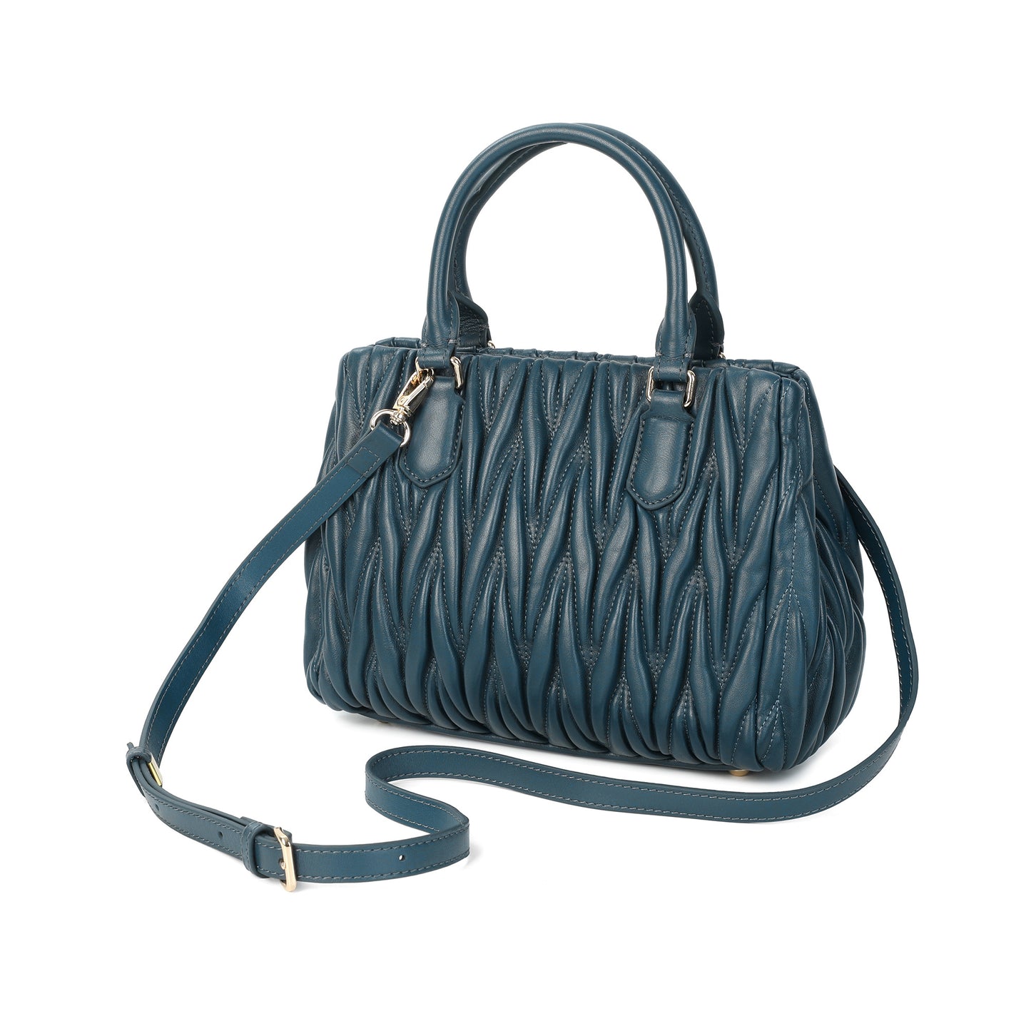 Ruched Leather Satchel with Top Handles & Crossbody Strap