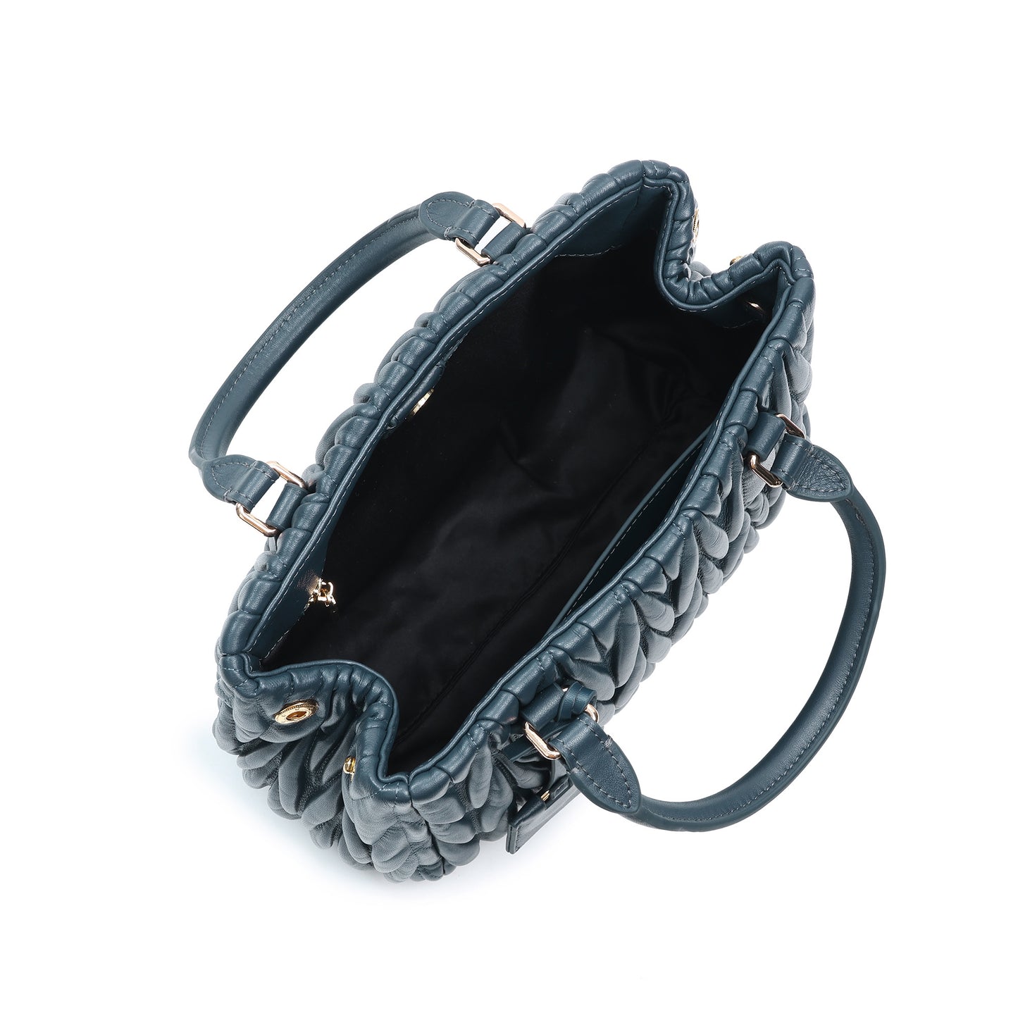 Ruched Leather Satchel with Top Handles & Crossbody Strap