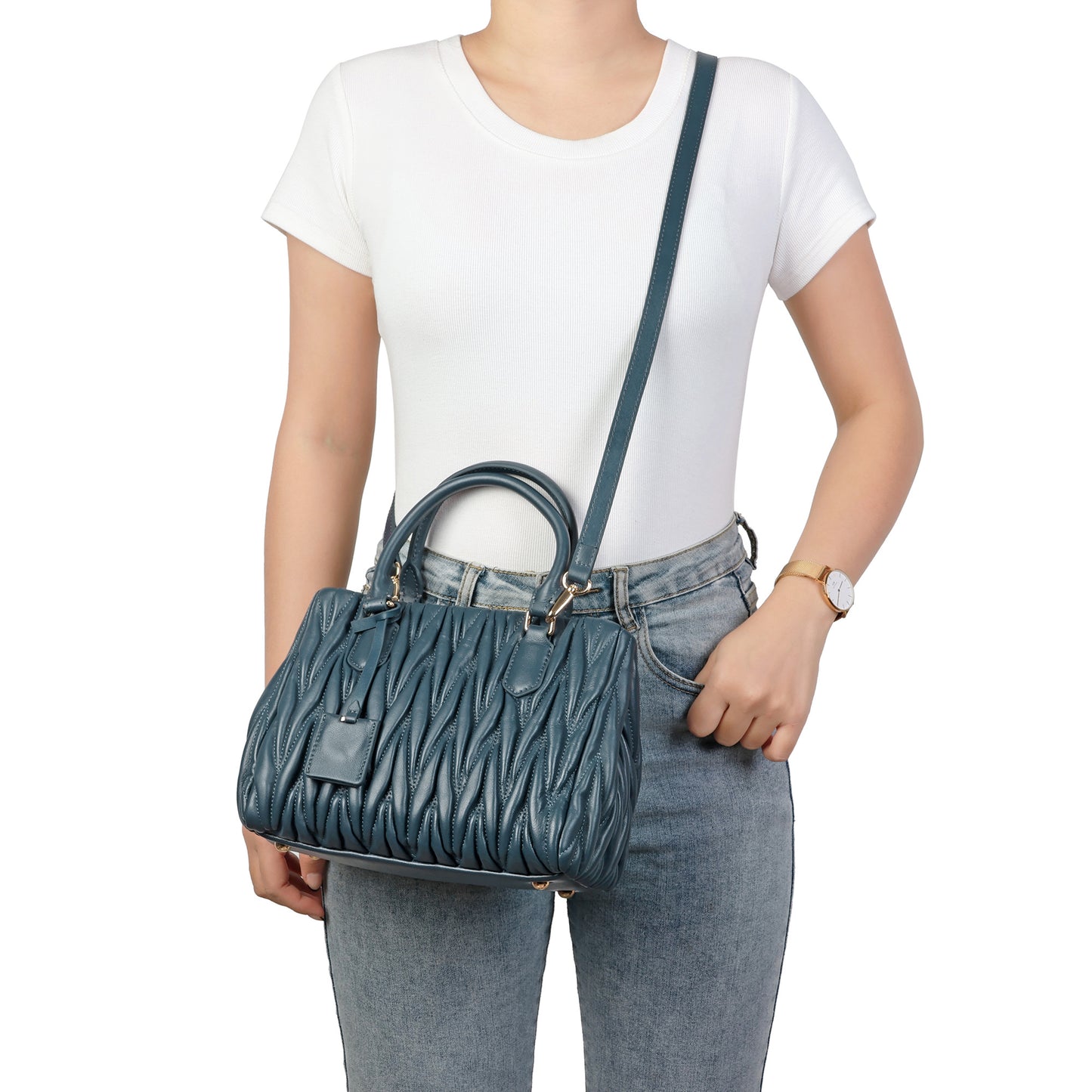 Ruched Leather Satchel with Top Handles & Crossbody Strap