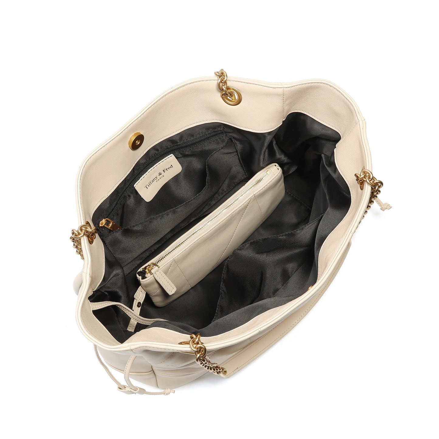 Soft Leather Tote with Gold Chain Straps and Drawstring Sides