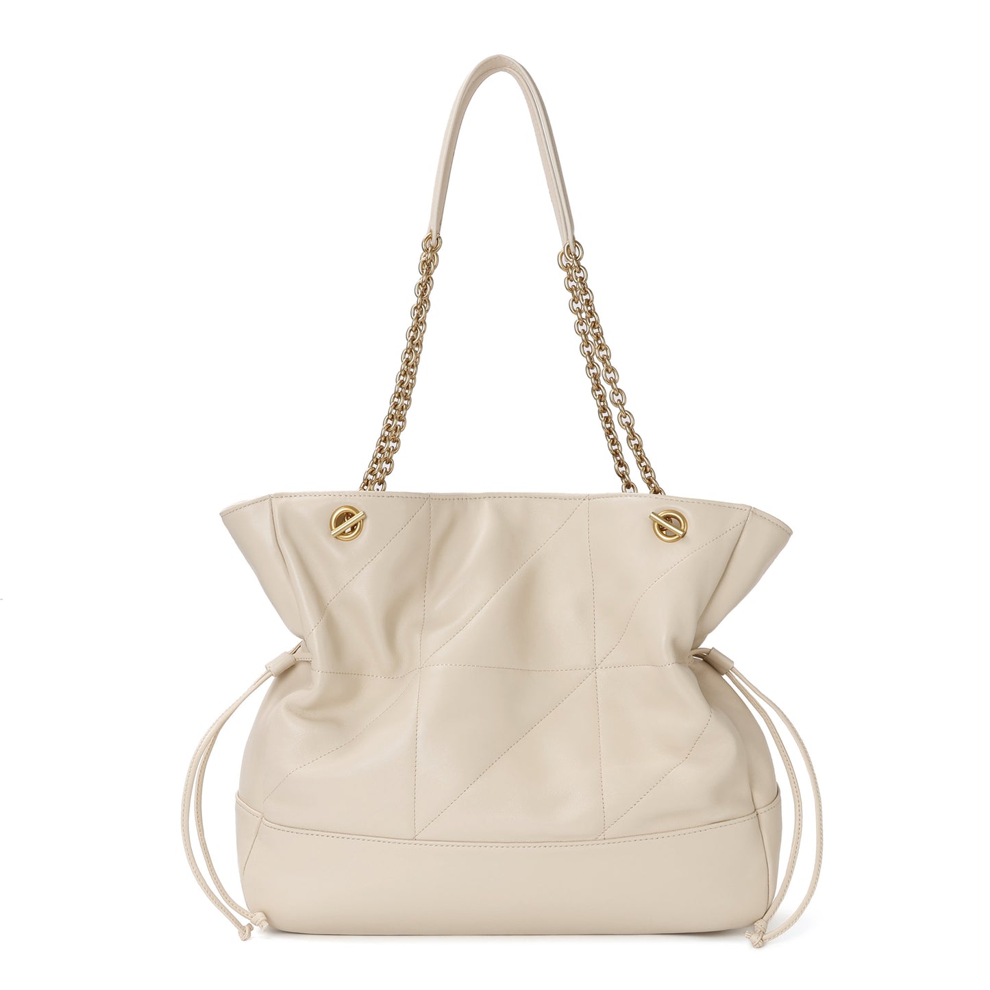 Soft Leather Tote with Gold Chain Straps and Drawstring Sides