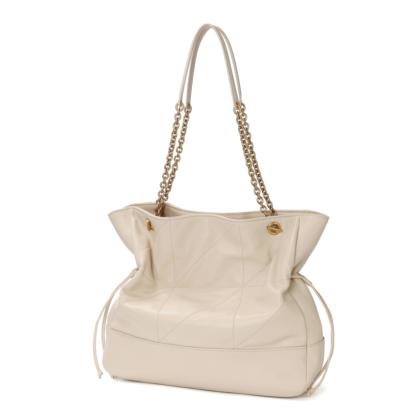 Soft Leather Tote with Gold Chain Straps and Drawstring Sides