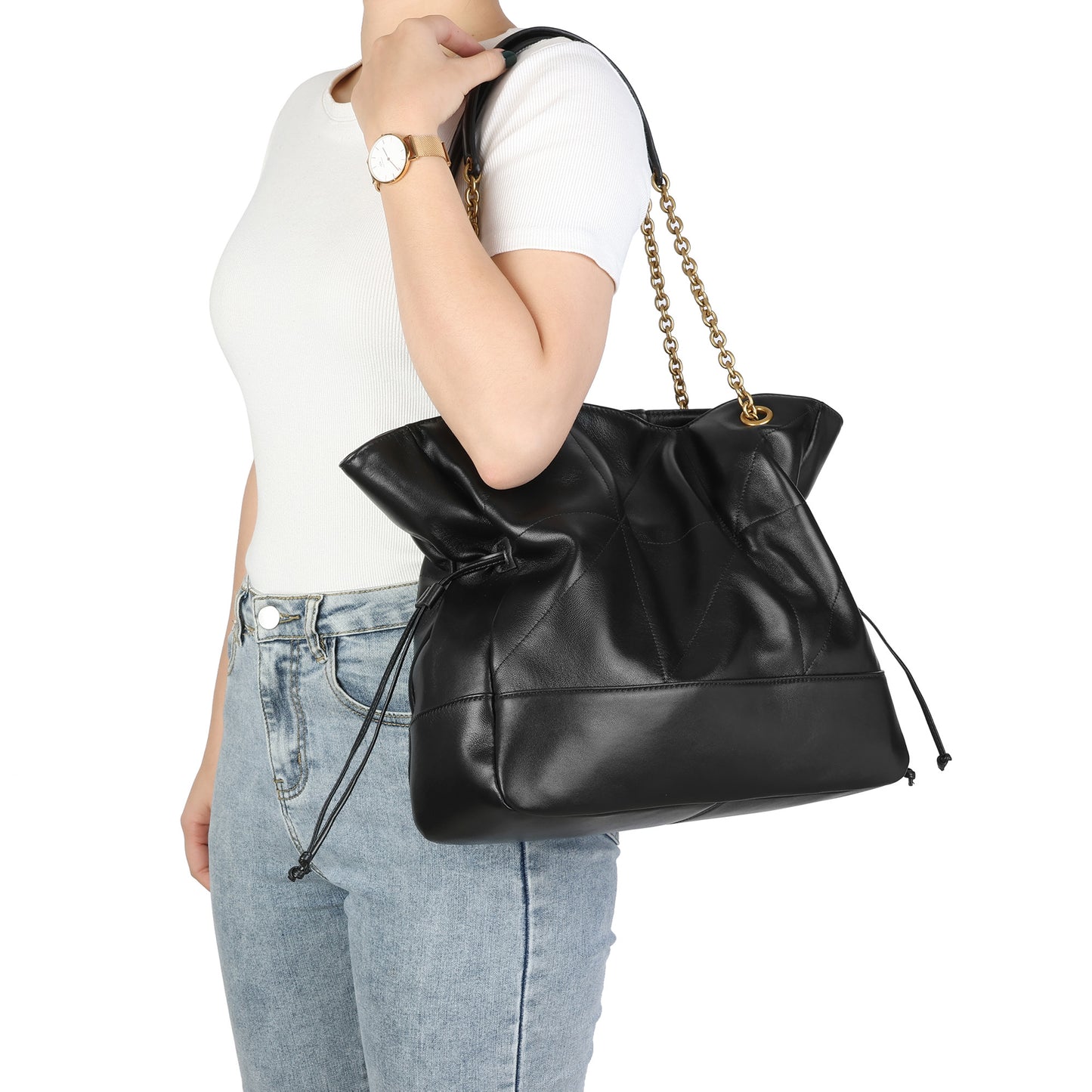 Soft Leather Tote with Gold Chain Straps and Drawstring Sides