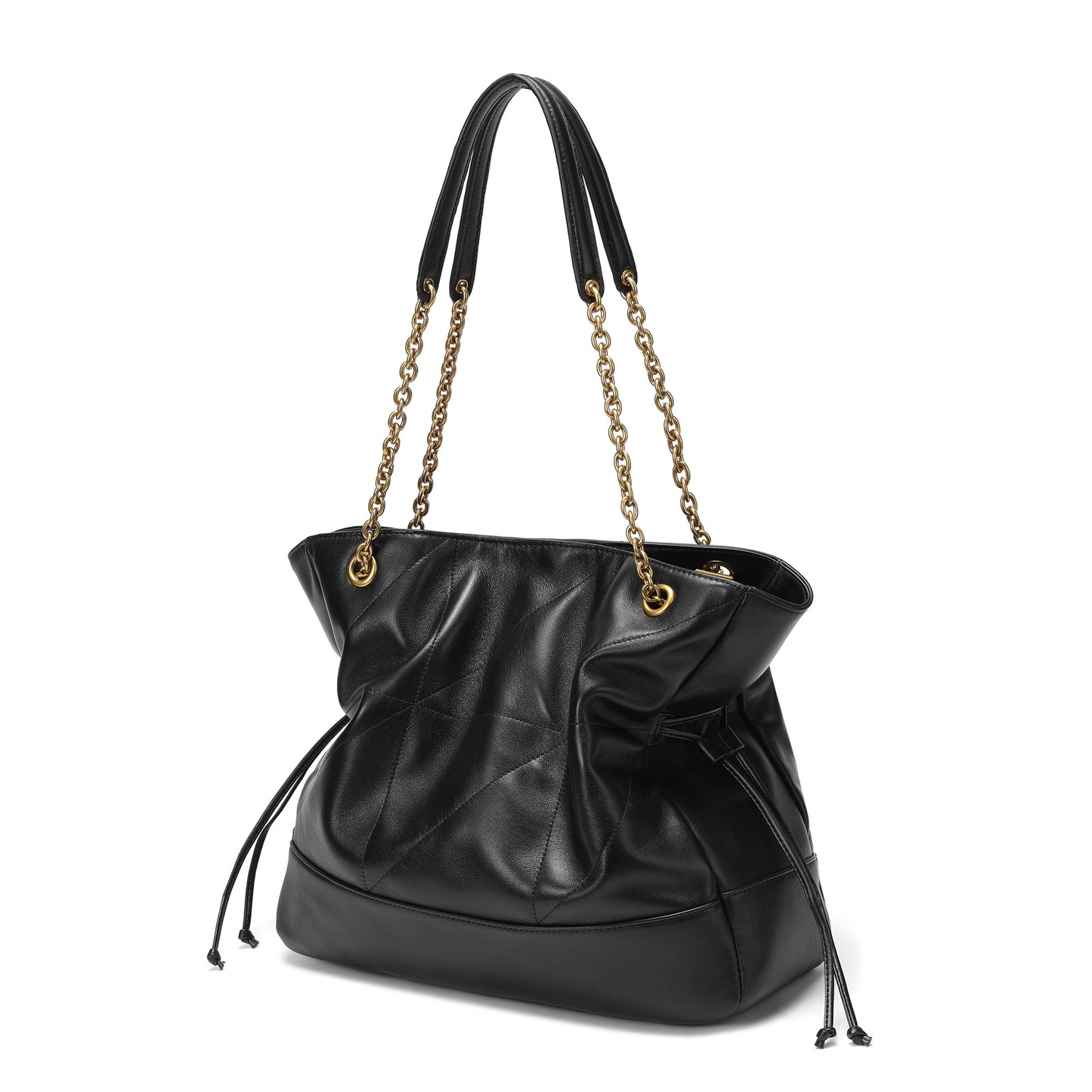 Soft Leather Tote with Gold Chain Straps and Drawstring Sides