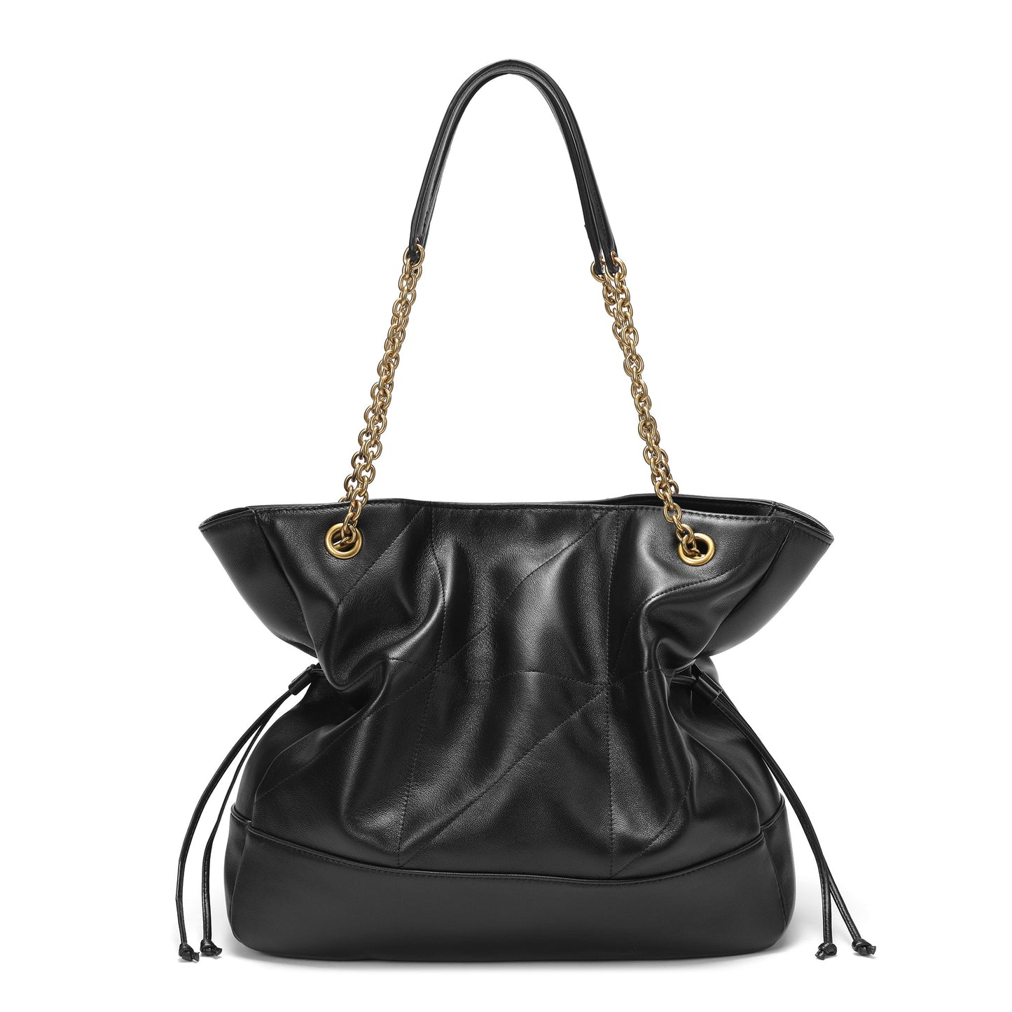 Soft Leather Tote with Gold Chain Straps and Drawstring Sides