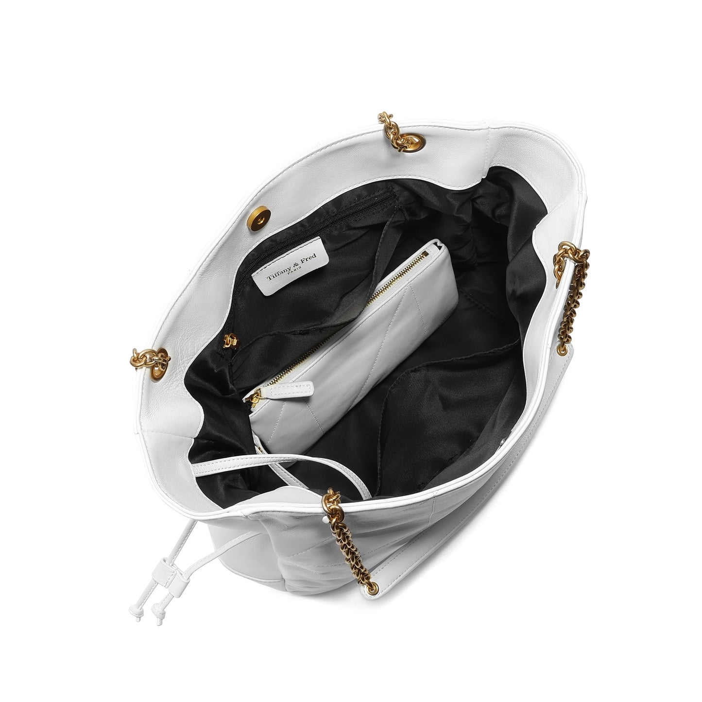 Soft Leather Tote with Gold Chain Straps and Drawstring Sides