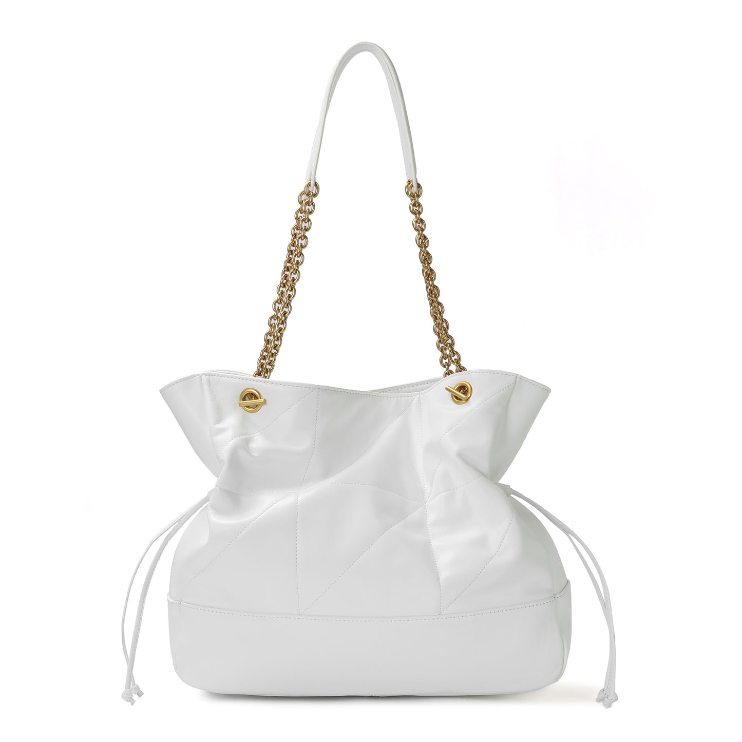 Soft Leather Tote with Gold Chain Straps and Drawstring Sides