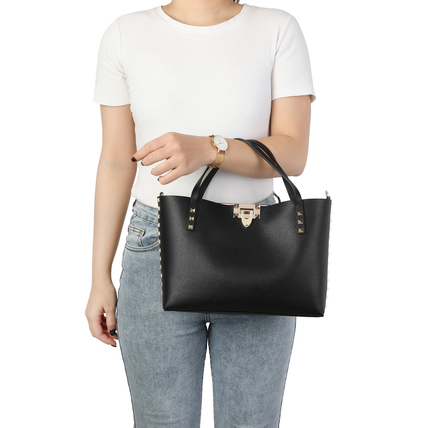 Studded Leather Tote with Gold-Tone Lock