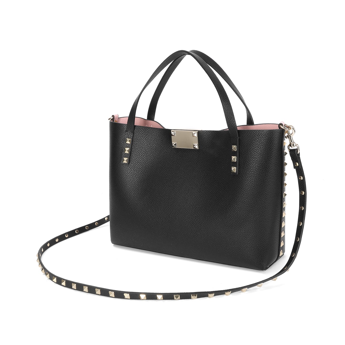 Studded Leather Tote with Gold-Tone Lock