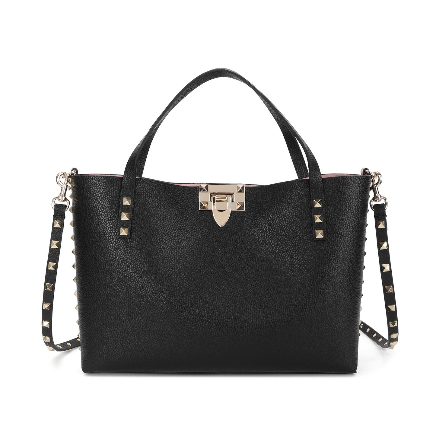 Studded Leather Tote with Gold-Tone Lock