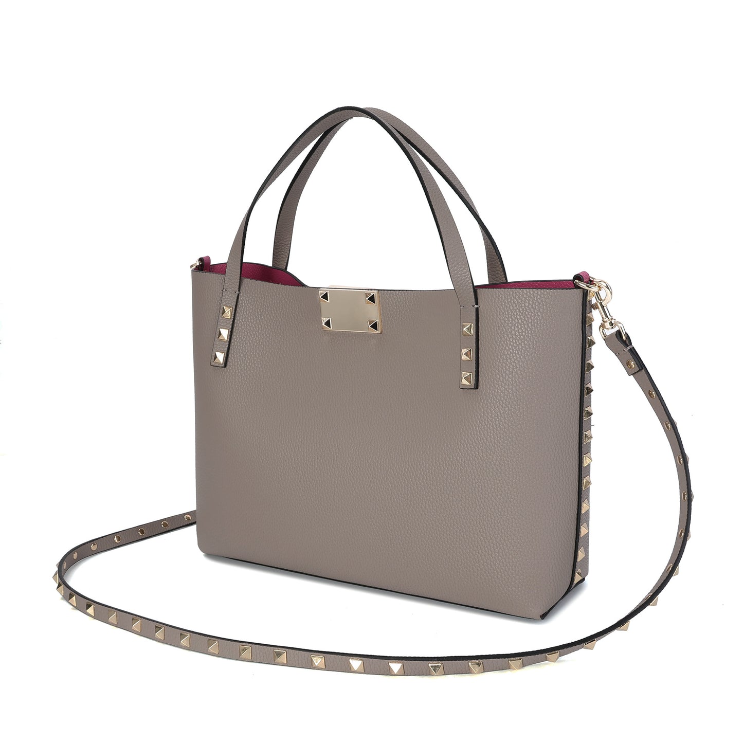 Studded Leather Tote with Gold-Tone Lock