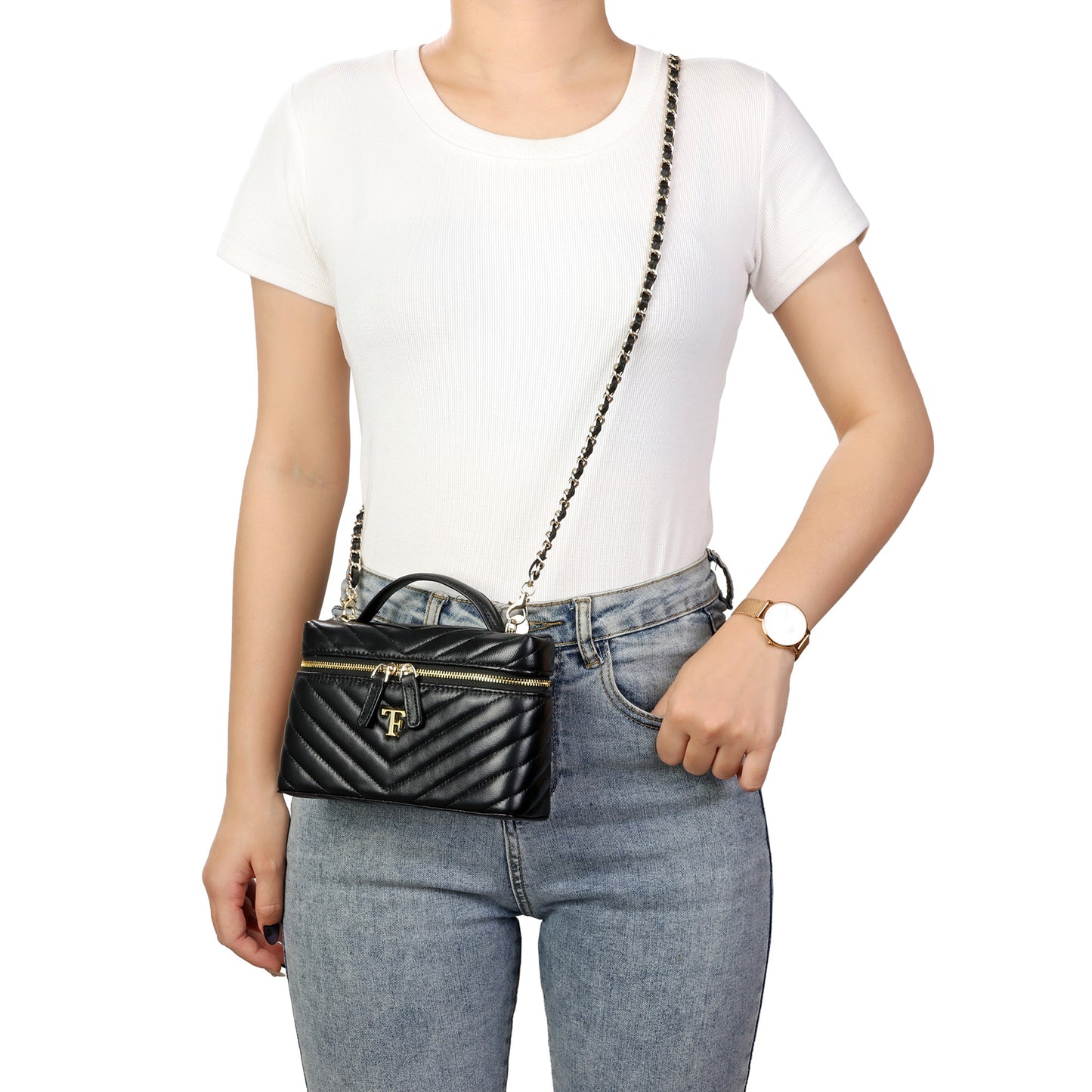 Quilted Leather Vanity Crossbody Bag with Top Handle