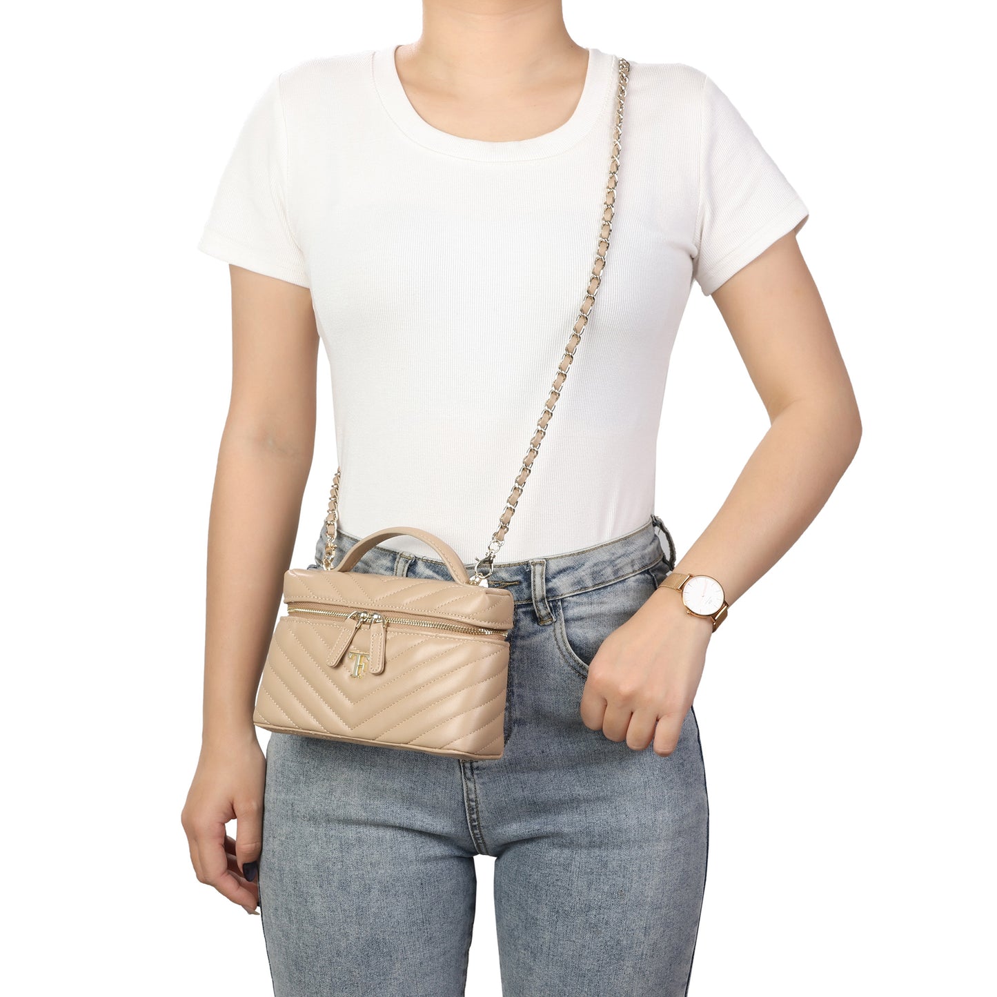 Quilted Leather Vanity Crossbody Bag with Top Handle