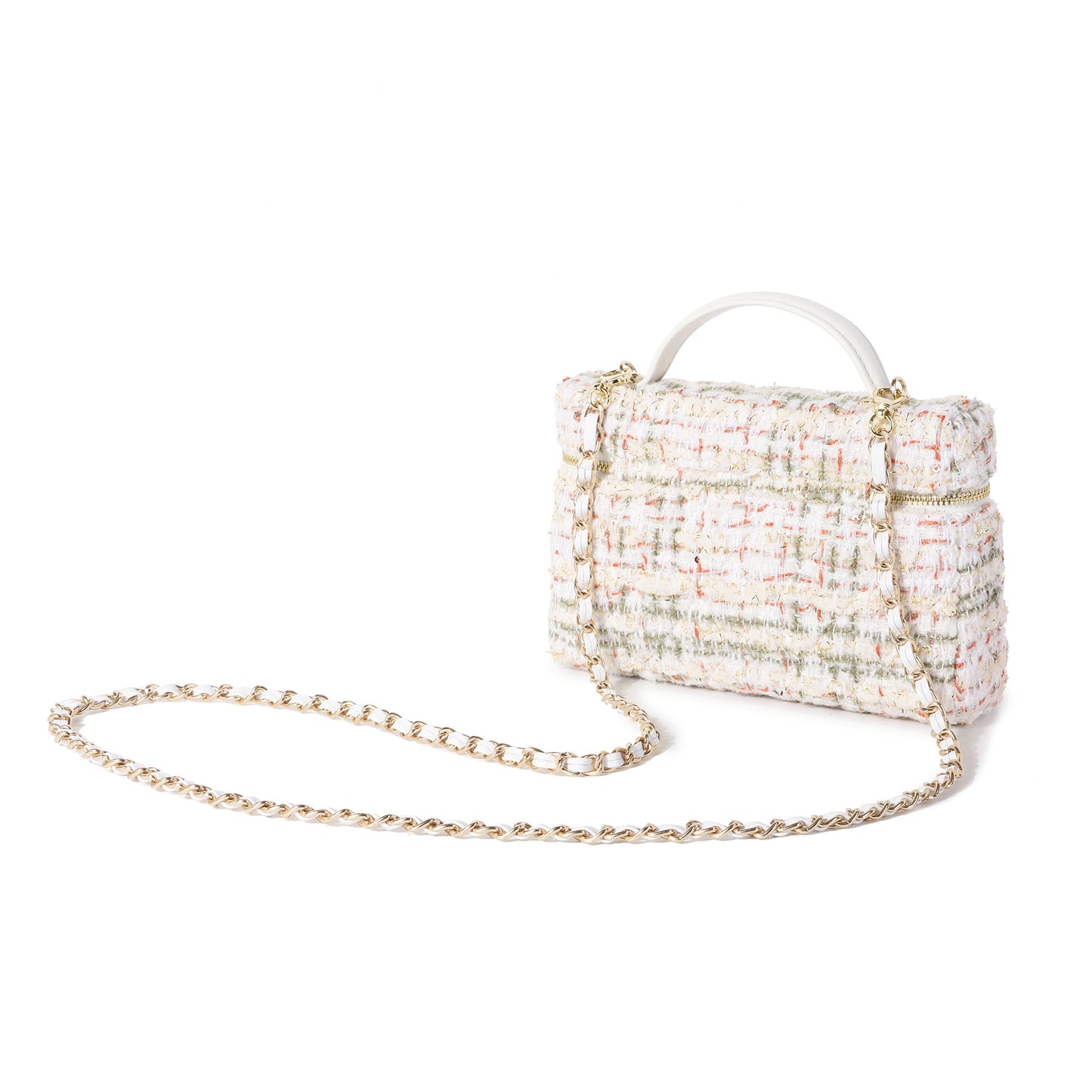 Tweed Mini Top-Handle Bag with Leather Handles & Chain Crossbody Strap