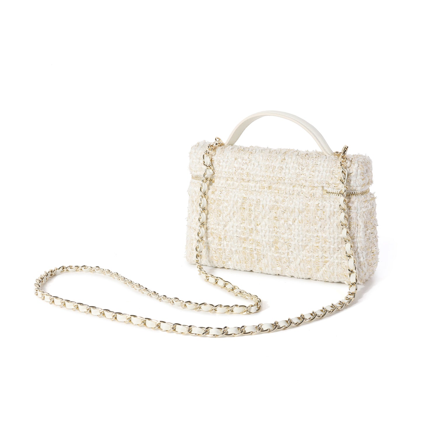 Tweed Mini Top-Handle Bag with Leather Handles & Chain Crossbody Strap