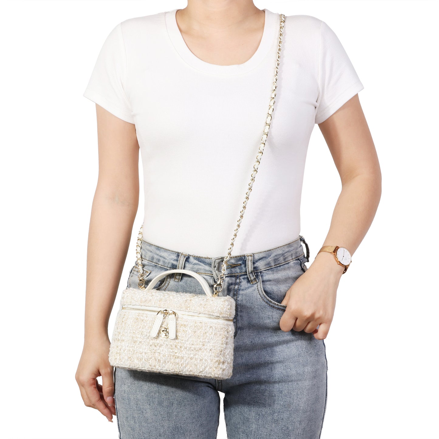 Tweed Mini Top-Handle Bag with Leather Handles & Chain Crossbody Strap