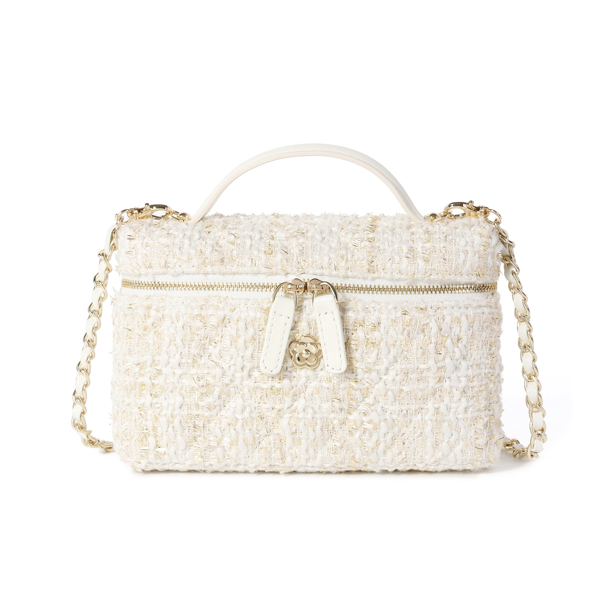 かわちゃん‼︎RIKO TOKYO Bonbon tweed (white) Tweed Mini Top-Handle Bag with Leather Handles & Chain Crossbody