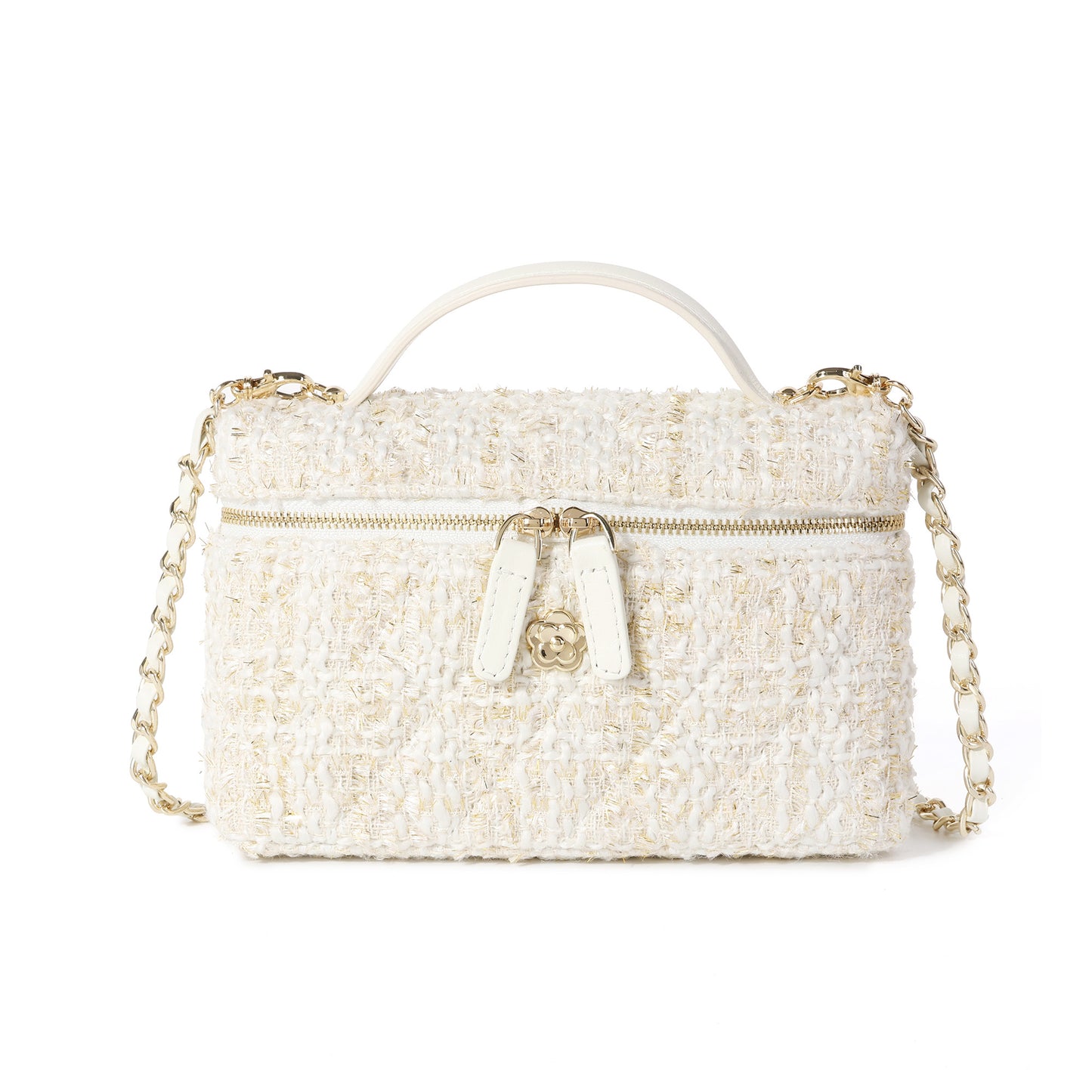 Tweed Mini Top-Handle Bag with Leather Handles & Chain Crossbody Strap