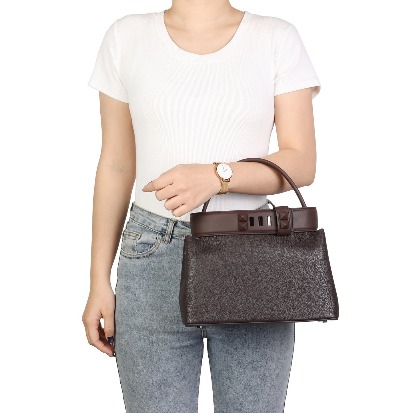 Structured Leather Top Handle Satchel